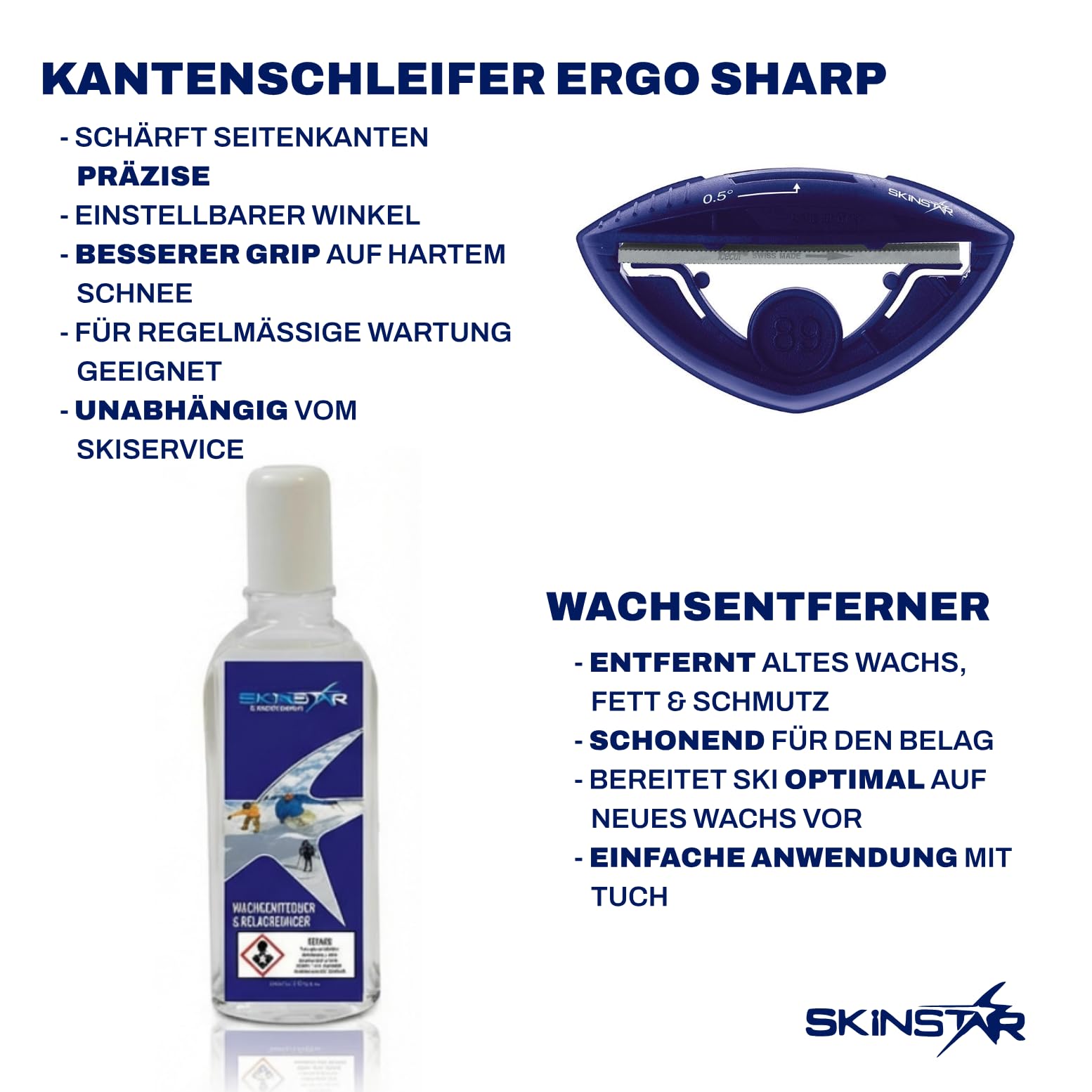 SkinStar Starter Set di 8 pezzi – Cera da sci universale senza fluoro- e PFAS con ferro da stiro a cera, spazzole e levigatrice per bordi Combo Sharp – per sci e snowboard