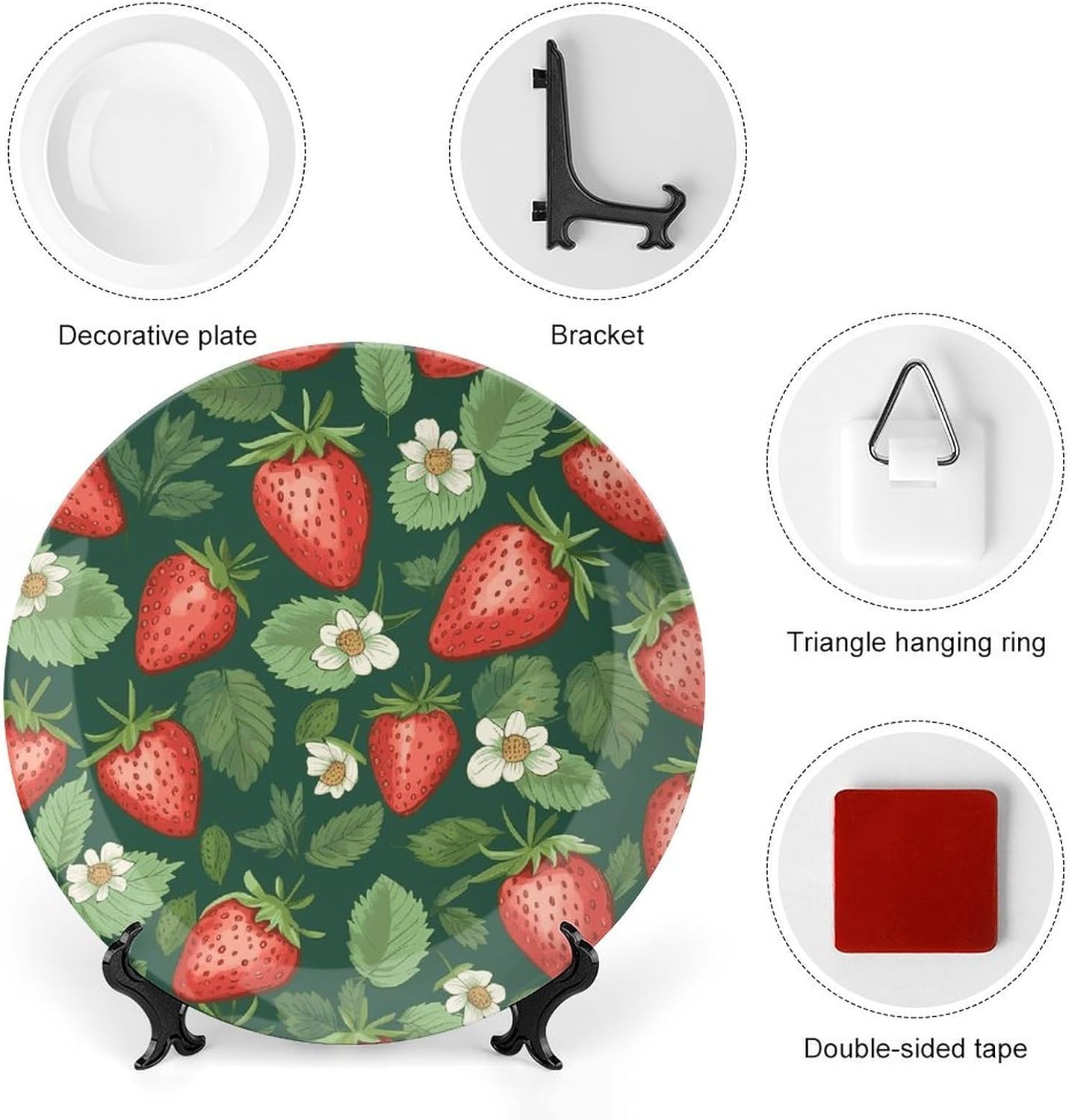 Bone China Decorative Plates Fresh Strawberries And Leaves Ceramic Decorative Plate Wall Decor with Display Stand Ceramic Ornaments for Wall Hanging Decoration
