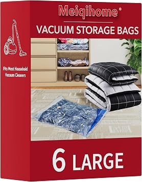 Vacuum Storage Bags 6 Large, Space Saver Sealer Bags, Airtight Compression Bags for Clothes, Pillows, Comforters, Blankets, BeddingNO PUMP