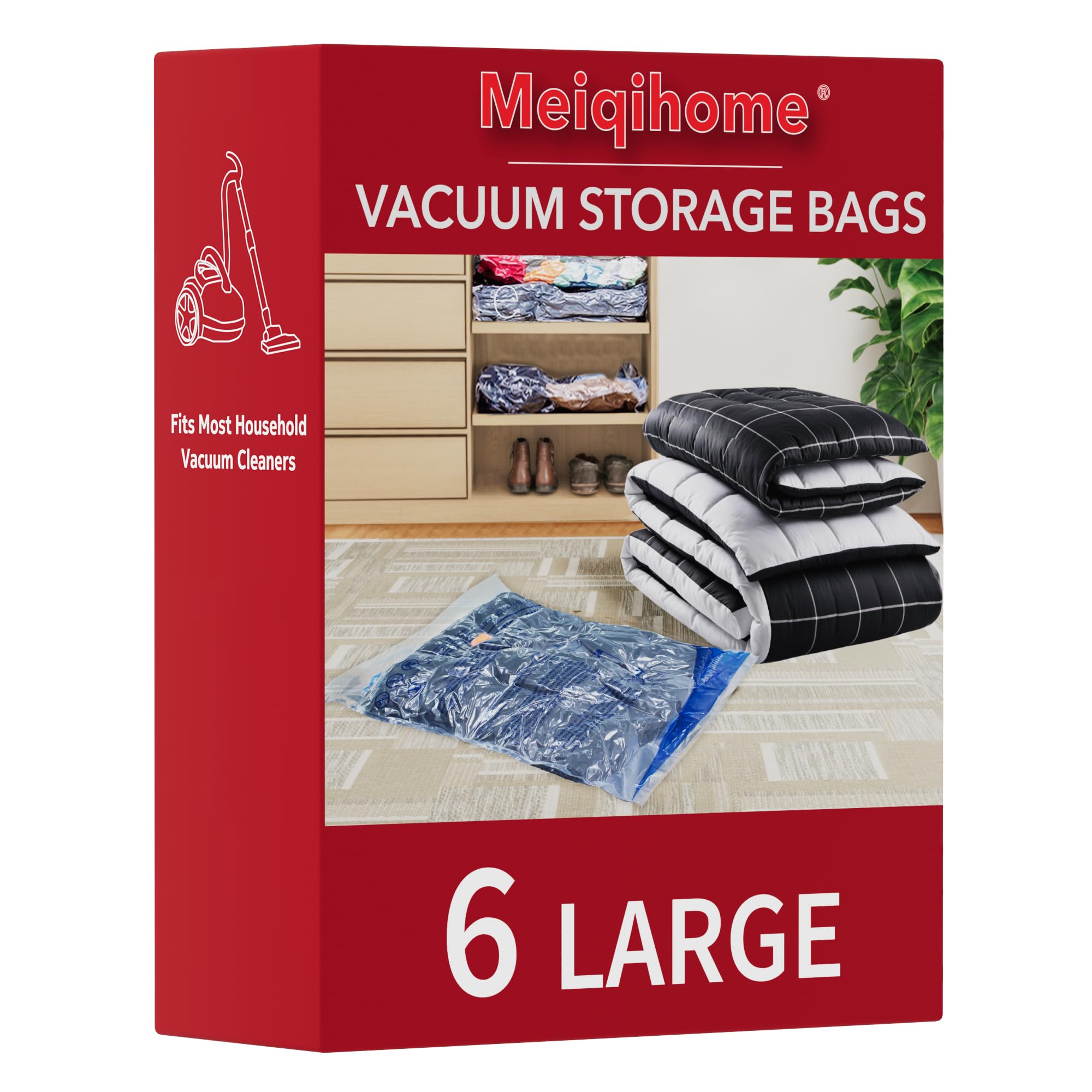 Vacuum Storage Bags 6 Large, Plastic Packaging Bags,Space Saver Bags for Clothes, Pillows, Comforters, Blankets, Bedding(NO PUMP)