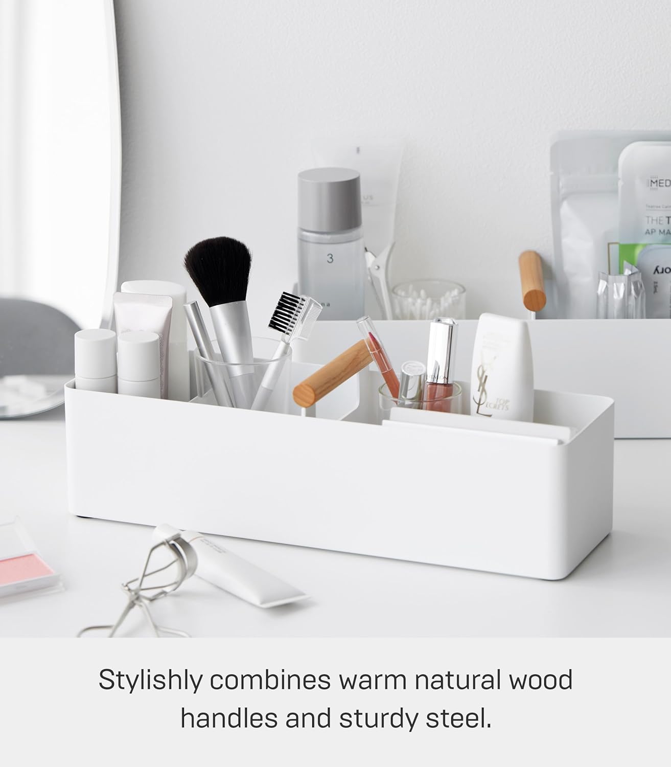 YAMAZAKI Home Tosca Slim Storage Box With Natural Wood Handle – Magnetic Dividers For Makeup Or Medications - Steel + Wood