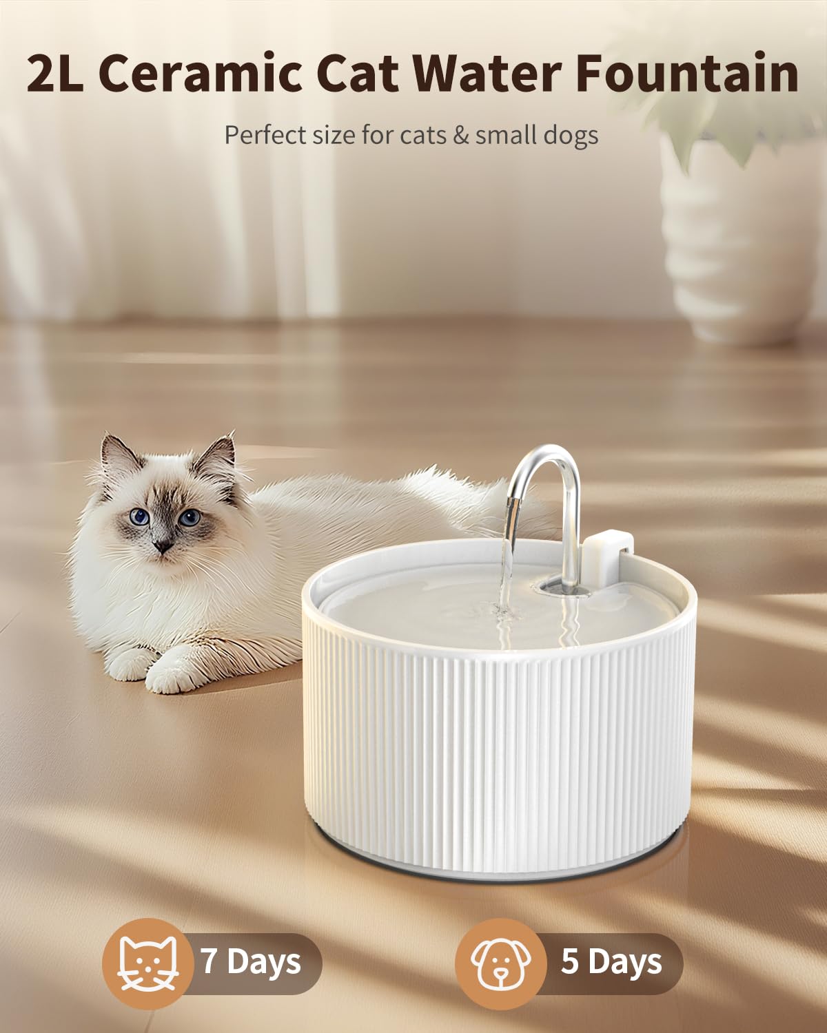 Fuente de agua de cerámica para gatos, fuente automática de agua para mascotas de 2 litros, para gatos de interior y perros pequeños, ultra silenciosa, sin BPA, dispensador de agua para gatos con
