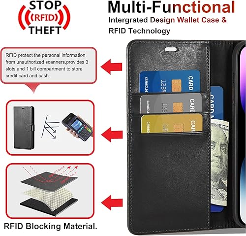 Miniatura 5 de Funda Uluck para iPhone 14 Plus con tarjetero, funda de piel sintética con bloqueo RFID, funda magnética con 2 pantallas y 2 protectores de lente de