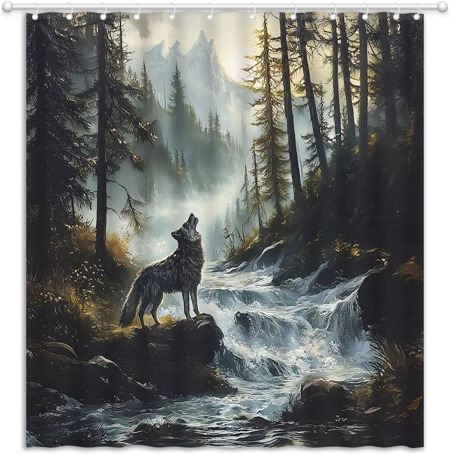 Wolf Shower Curtain Forest Howling Animal Wildlife Rustic Cabin Camping Lodge Hunting Mountain Nature Oil Painting Landscape Fabric Bathroom Decor Curtains with Hooks, 70" Wx84 H