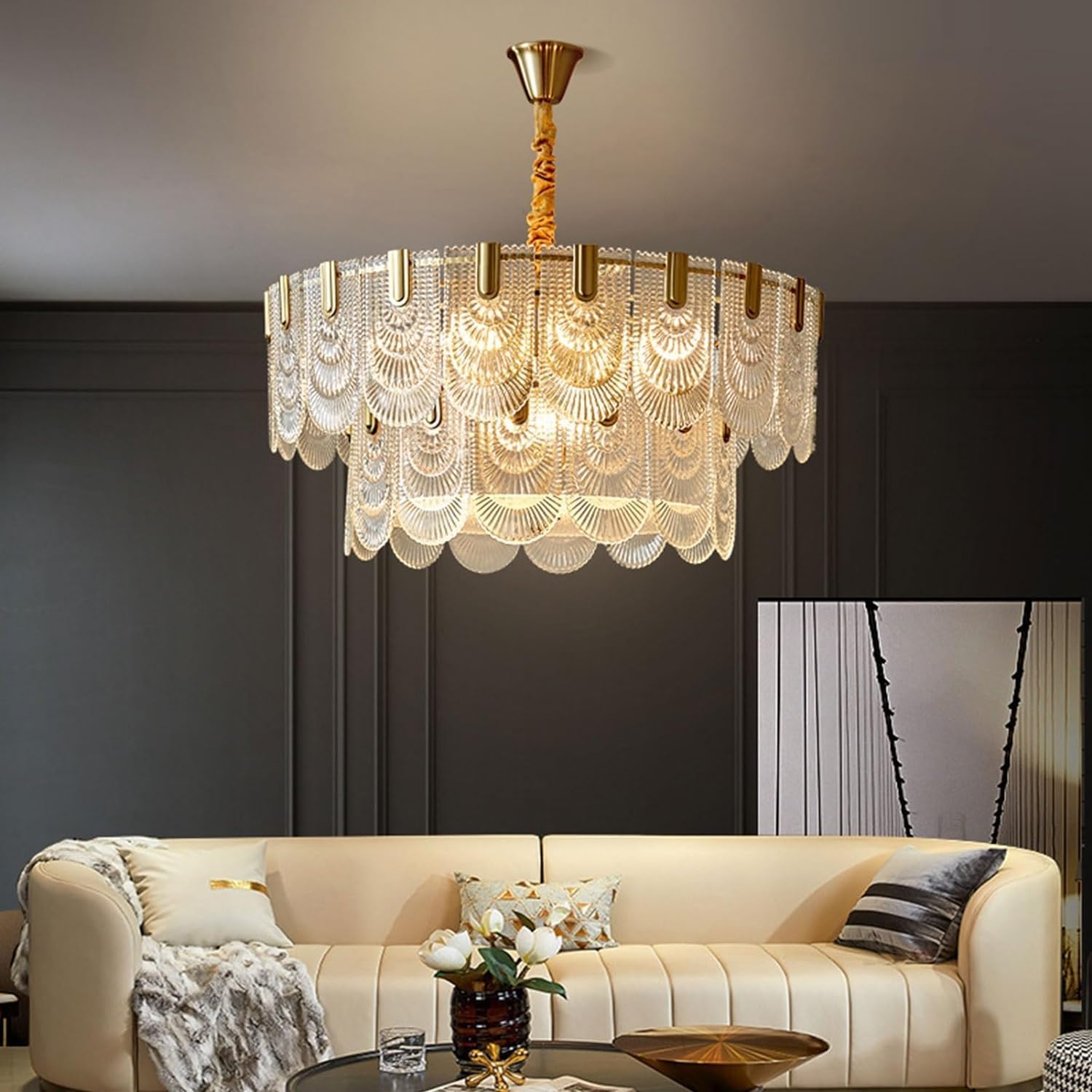 Crystal Glass Chandelier American Style Round Brass Pendant Light Modern Adjustable Hanging Ceiling Light