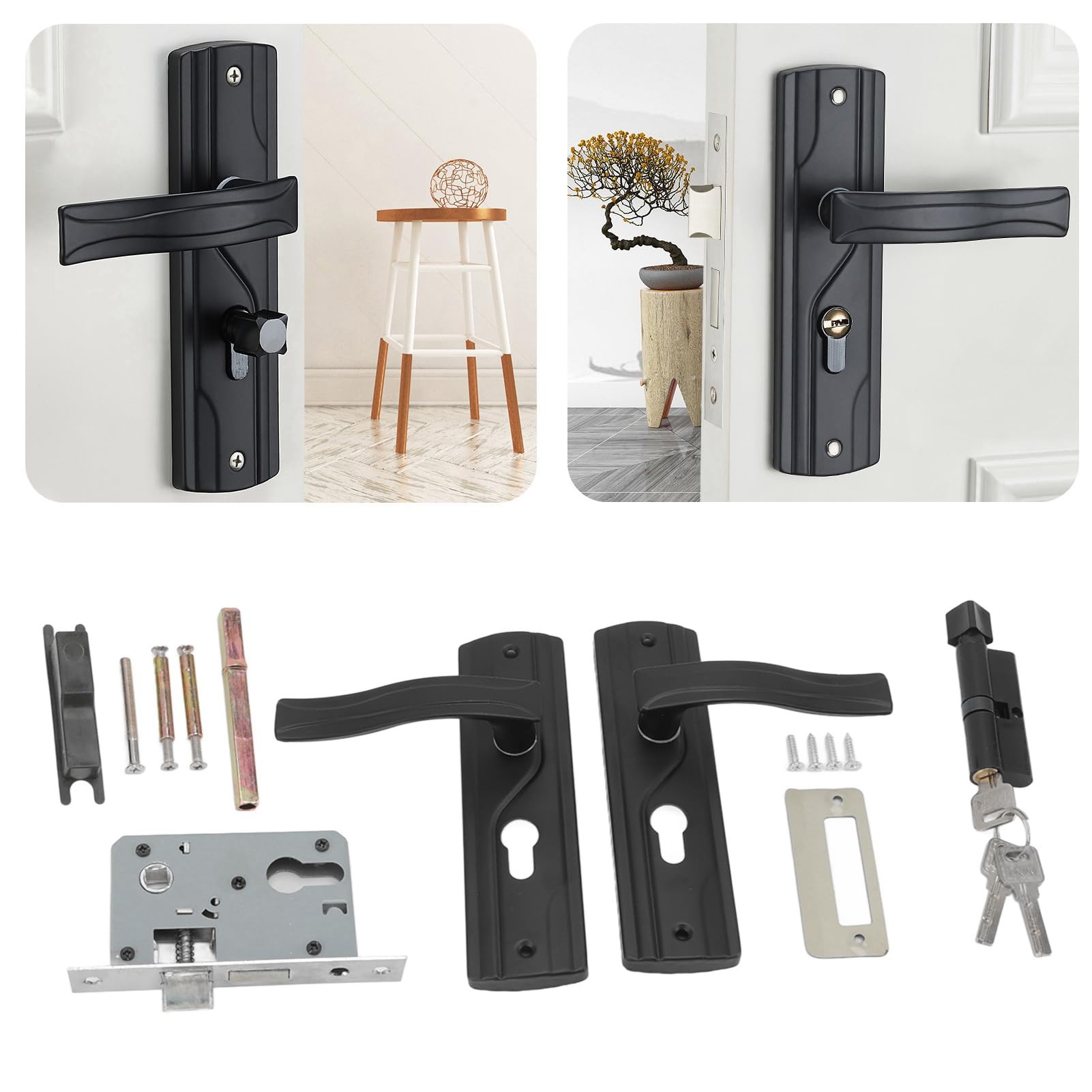 Generisch Tirador de puerta con llave, juego de cerradura de palanca de puerta universal para casa, dormitorio, negro