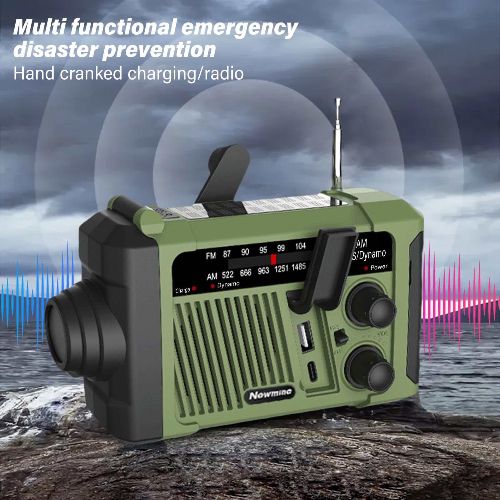 Radio korbowe, 1800 MA, radio awaryjne, solarne radio z korbą, do użytku na zewnątrz, na kemping, w sytuacjach awaryjnych, SOS, wytwarzanie prądu za pomocą korbki ręcznej, zielone (160 x 96 x 56 mm)