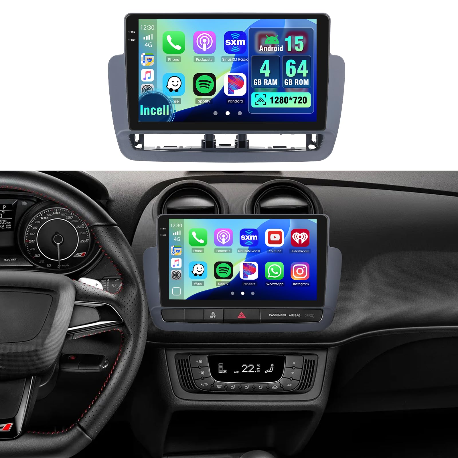 Hikity 4+64G Android 15 Radio Coche para Seat Ibiza 2012-2015 Carplay | CarPlay Android Auto Inalámbrico Pantalla Táctil Incell 9'' para Coche con Bluetooth 5.0 GPS FM RDS EQ Cámara Marcha Atrás