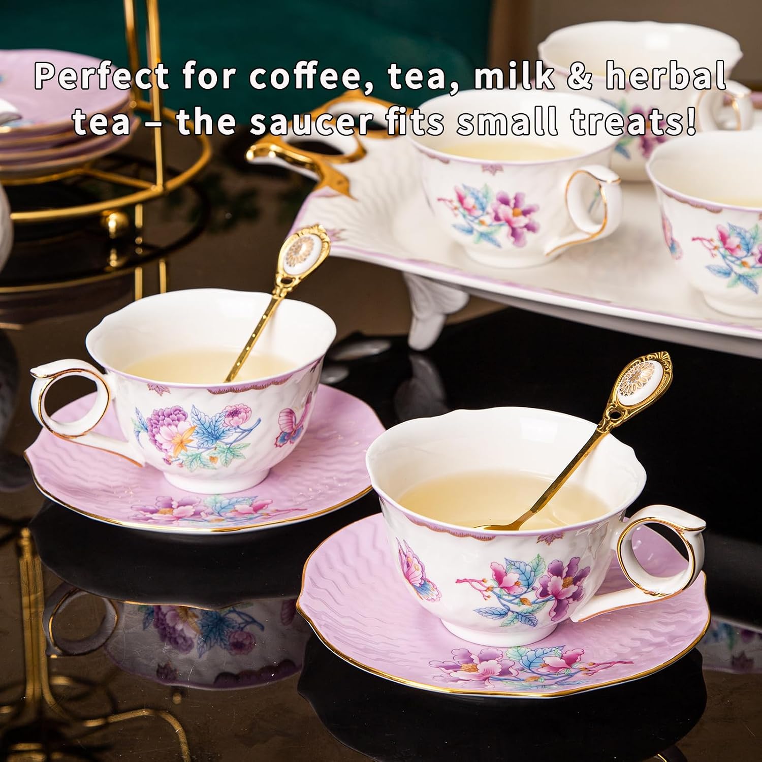 Tea Cup and Saucer Set, Floral Butterfly Vintage Tea Cup with Gold Trim, Bone China Teacup with Saucer and Spoon, Porcelain Coffee Cup Set for Women and Tea Party, 6.8 oz