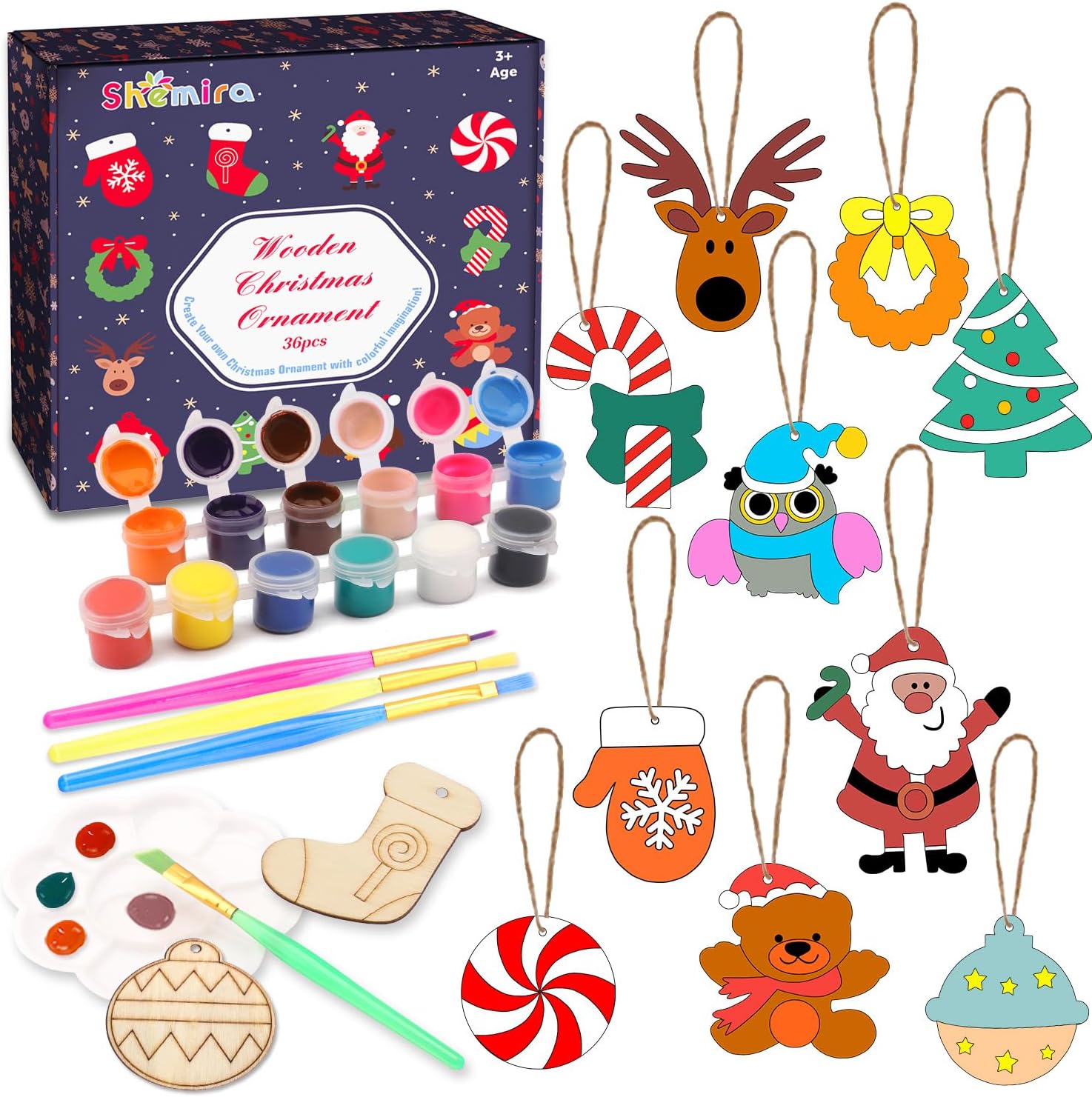Shemira Christmas Craft Kit for Kids, 36pcs Wooden Christmas Ornaments with Painting Set,Paint Your Own Christmas Ornaments, DIY Ornaments Craft Toys for Girls Boys Ages 5 6 7 8 9 10 11 12