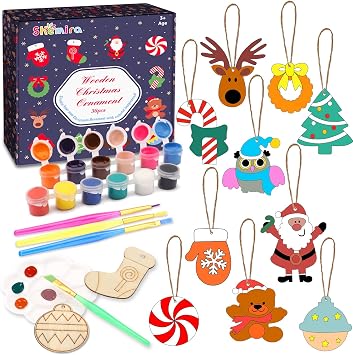 Shemira Christmas Craft Kit for Kids, 36pcs Wooden Christmas Ornaments with Painting Set,Paint Your Own Christmas Ornaments, DIY Ornaments Craft Toys for Girls Boys Ages 5 6 7 8 9 10 11 12
