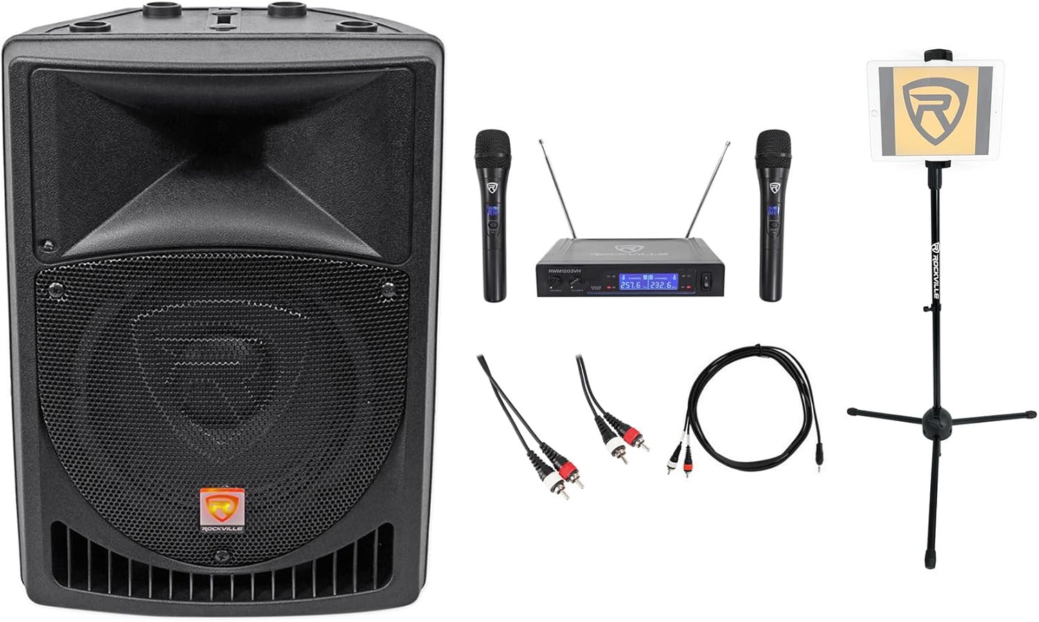 Rockville Karaoke System Bundle: RPG8 8" 400-Watt Powered 2-Way PA Speaker, iStand 20 Tripod for Tablet/Phone, RWM1203VH Dual Wireless Dynamic Microphone, (2) Audio Cables, 5-Items