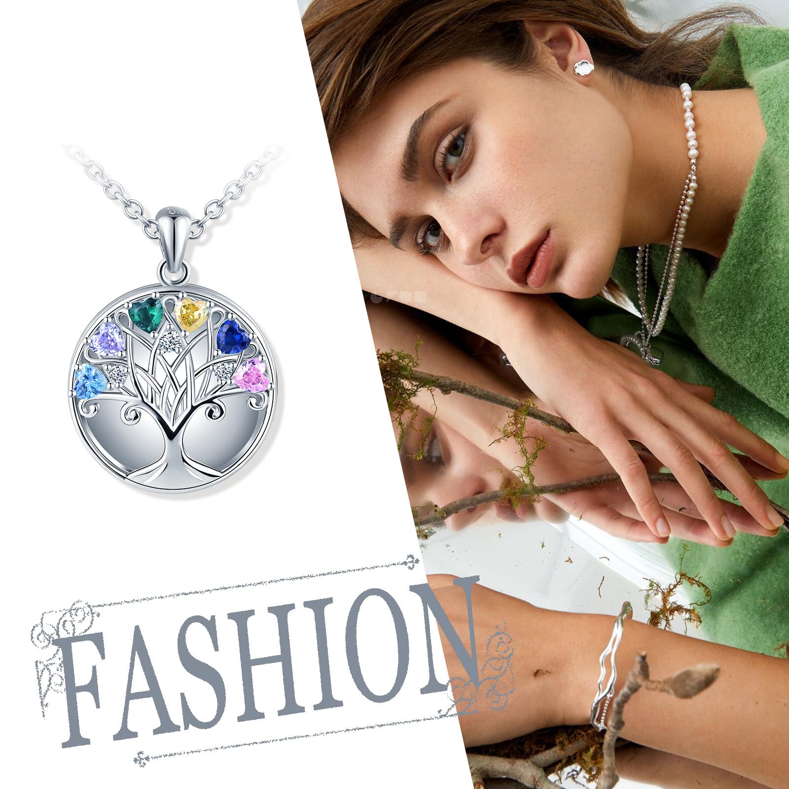 Collana da donna con cuore e zirconi colorati, albero della vita, argento sterling 925, medaglione con foto