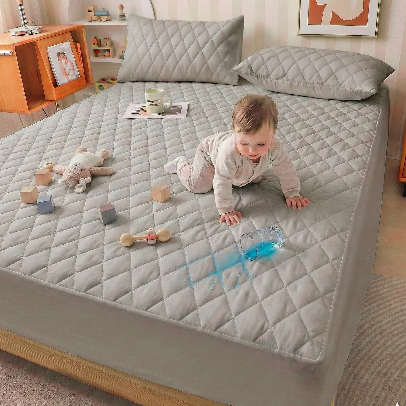 Mattress Cover, Waterproof Mattress Cover, Full-Size Ultra-Soft and Breathable, Machine Washable, Suitable for Home, Bedroom Hotel Use.（Gray King