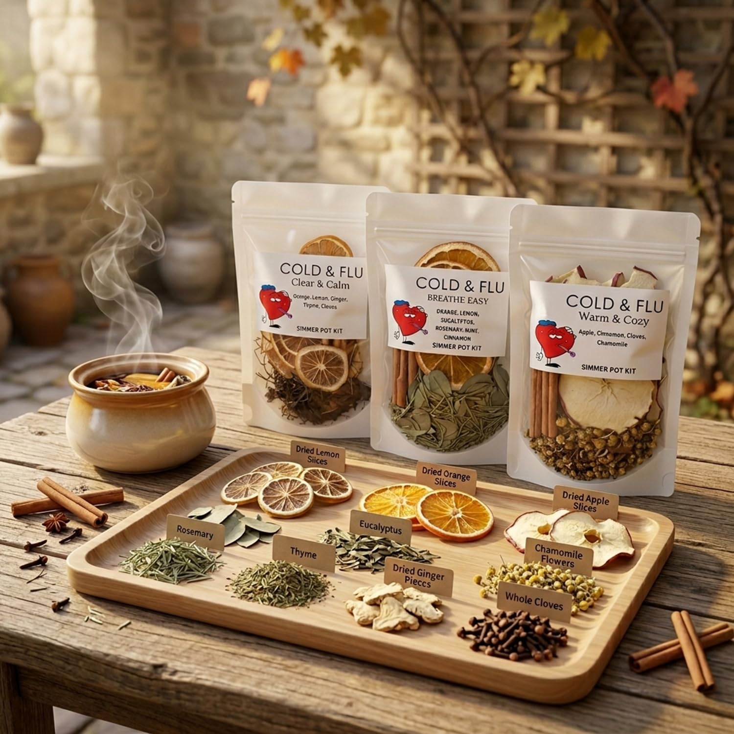 Cold & FLU Festive Stovetop Potpourri Kit - 3 Pack Natural Simmer Pot with Dried Orange Slices, Cinnamon Sticks, Chili Flakes & Patchouli - Unique Holiday Home Fragrance & Funny Gift
