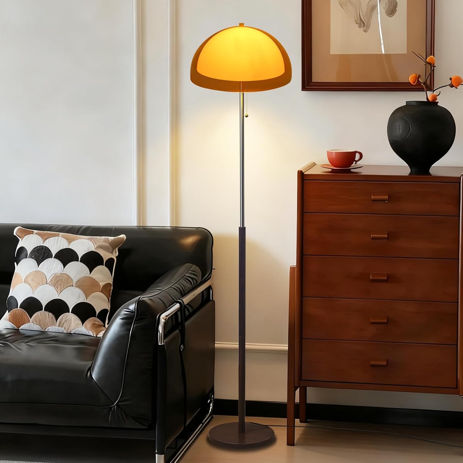 Mushroom Floor Lamp 60" Orange Floor Lamp Mid Century Globe Acrylic Standing Lamp with E26 3-Color Dimmable MCM Wood Tall Light for Living Room Bedroom Study Dining Room(Includes Bulb)