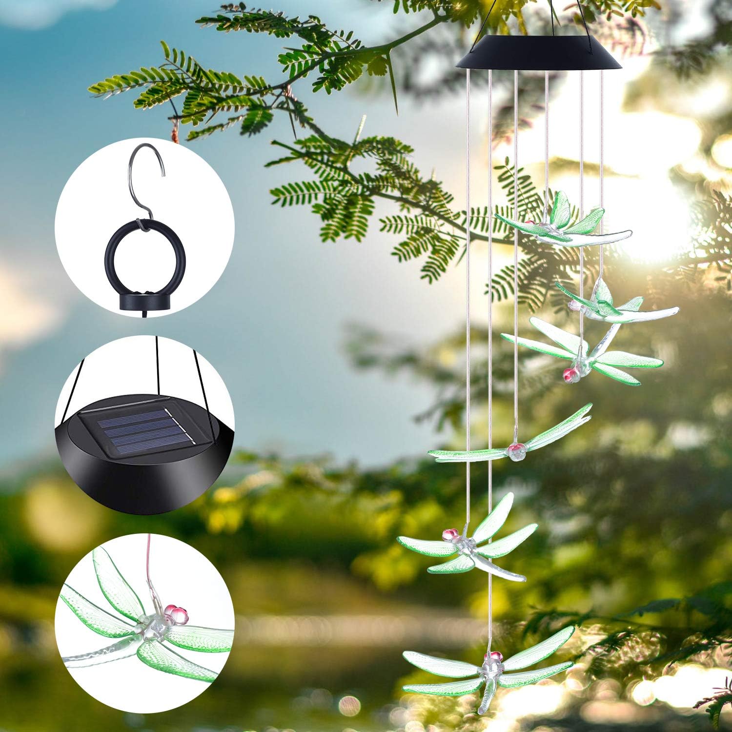Doingart Solar Wind Chimes Outdoor, Waterproof Solar Dragonfly Wind Chimes Color Changing LED Solar Powered Mobile Wind Chime, Hanging Decorative Romantic Patio Lights for Yard Garden Home Party