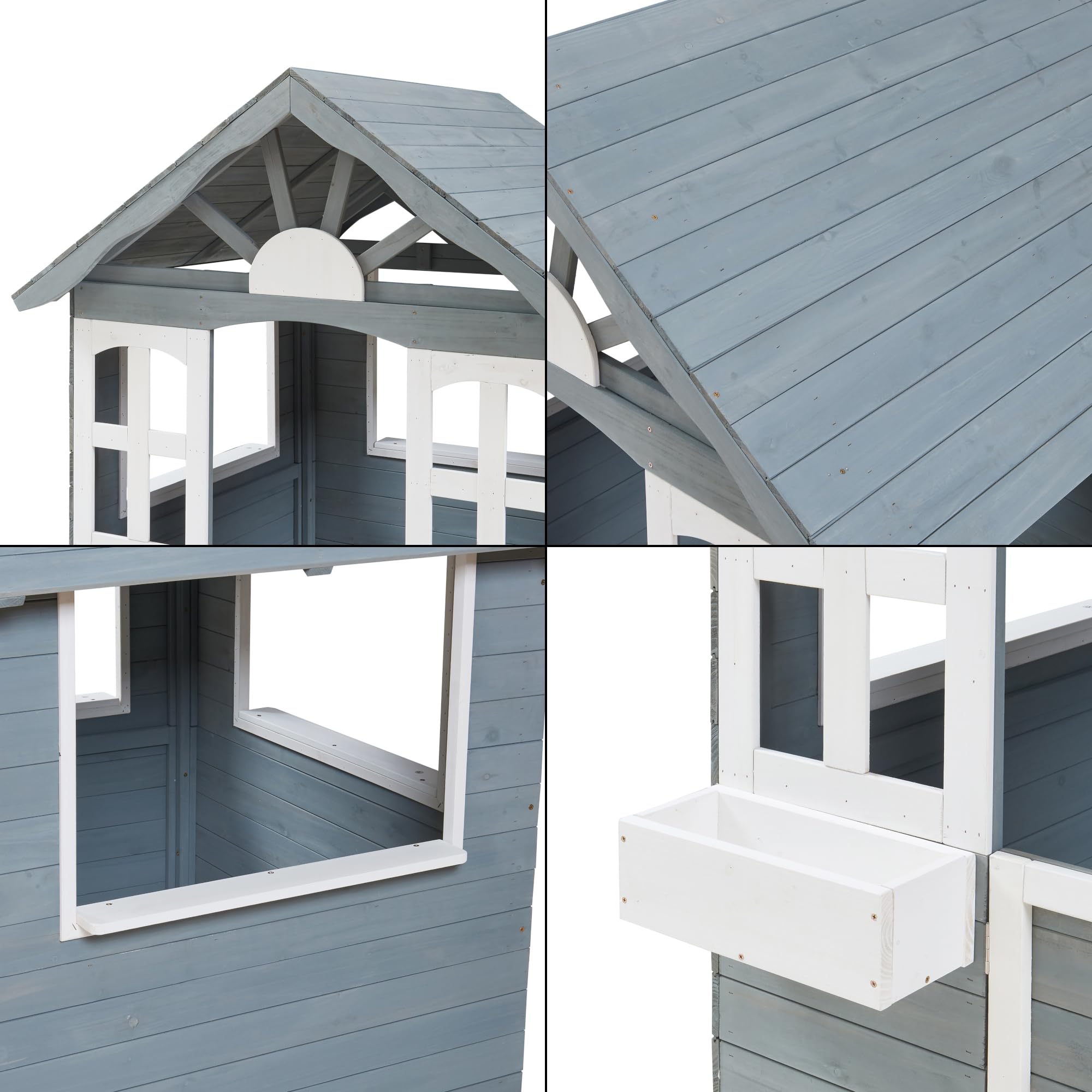 casa.pro Kinderspielhaus Outdoor Vesa Holzhaus Gartenspielhaus aus Tannenholz 138 x 120 x 102 cm mit Tür, Fenstern und Tafel Grau