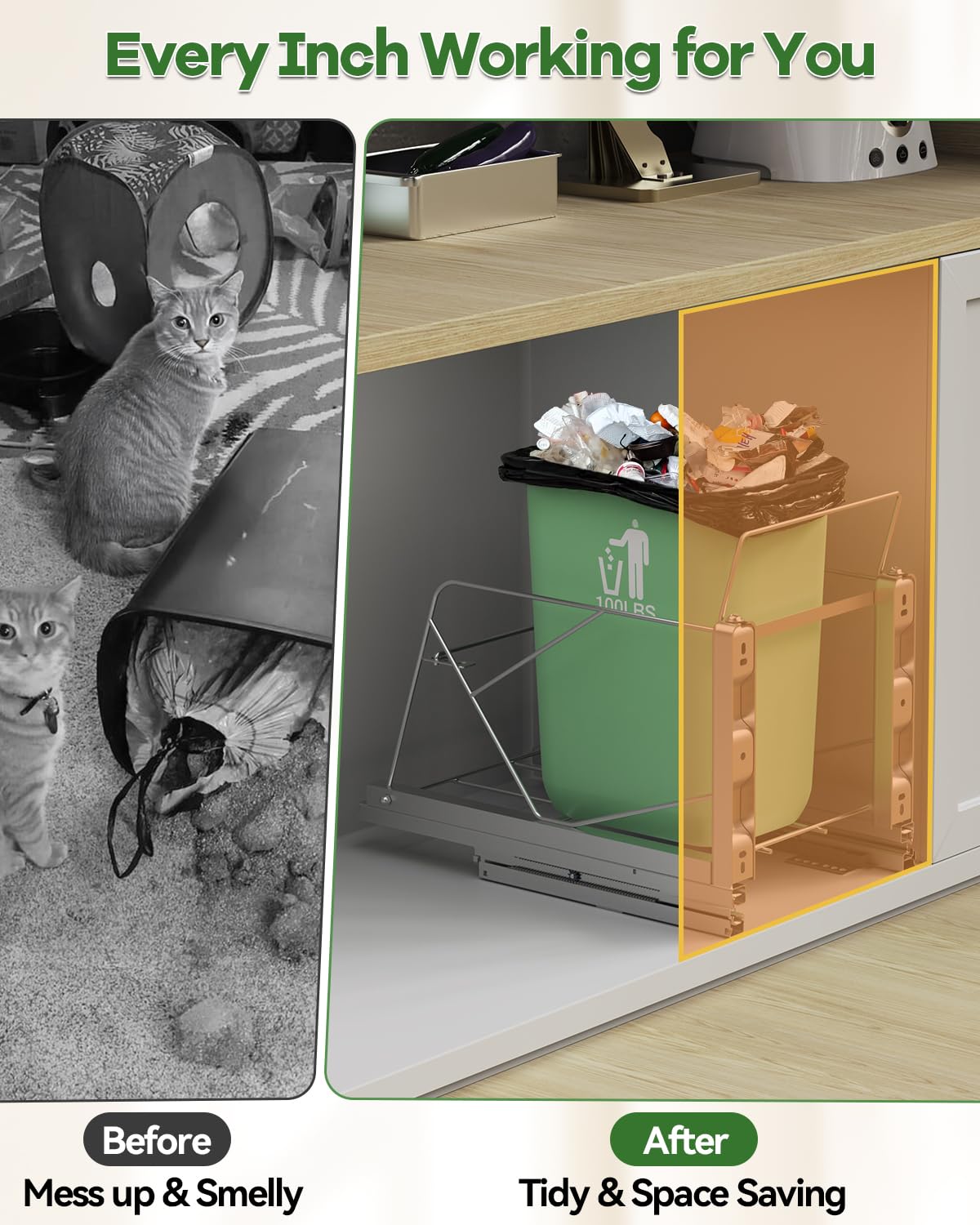 Pull Out Trash Can Under Cabinet, Door Mount & Pull Handle Twin-Mode, Pull-Out Garbage Holder, Under Sink Pull-up Kit with Soft-Close Slides, for Kitchen, Sink, Drawer(Bin Not Included)