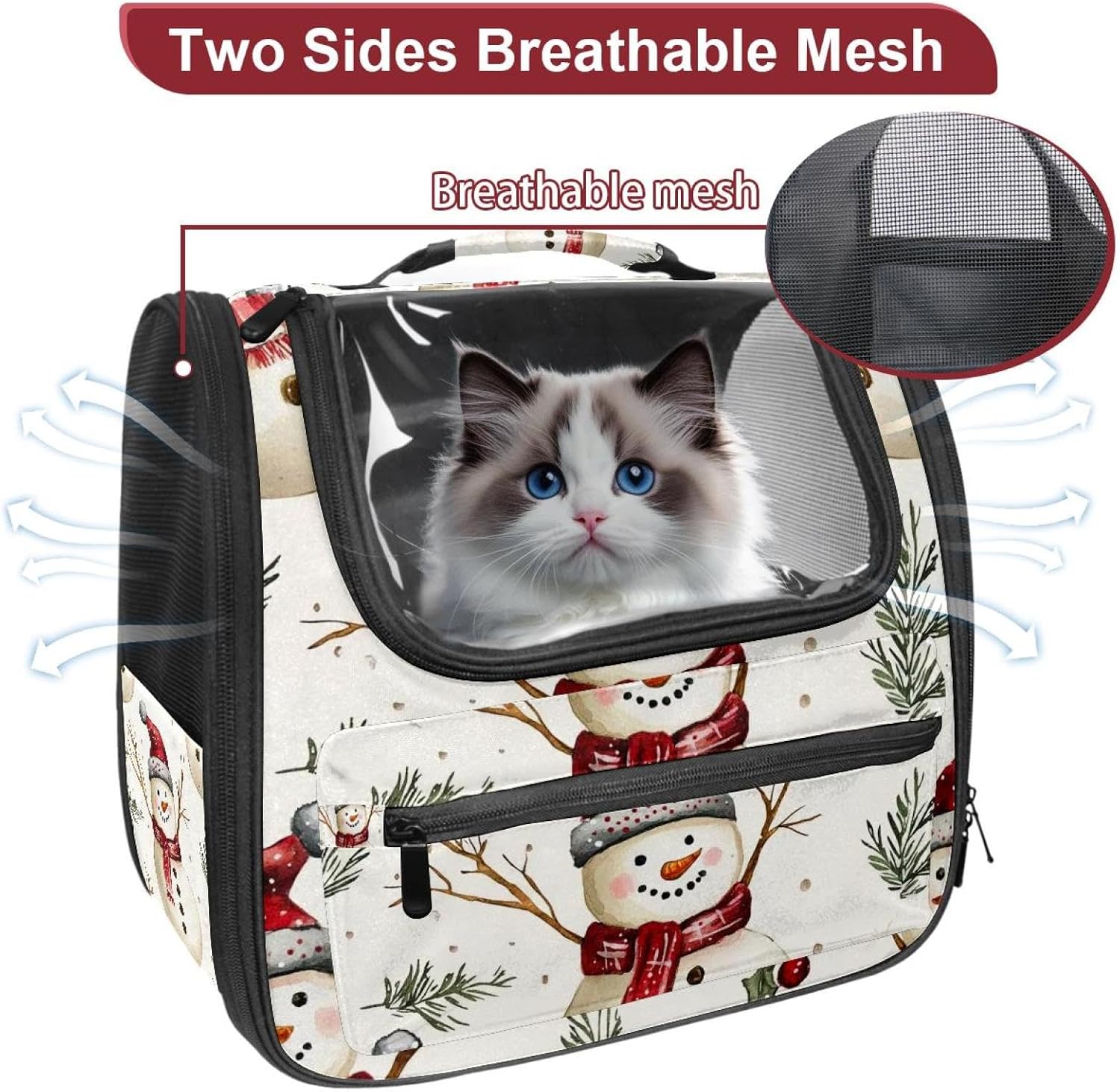 Merry Christmas Snowman Pet Carrier Airline Approved Soft Sided Portable Cozy Travel Pet Bag, Car Seat Safe Carrier for Cats and Dogs
