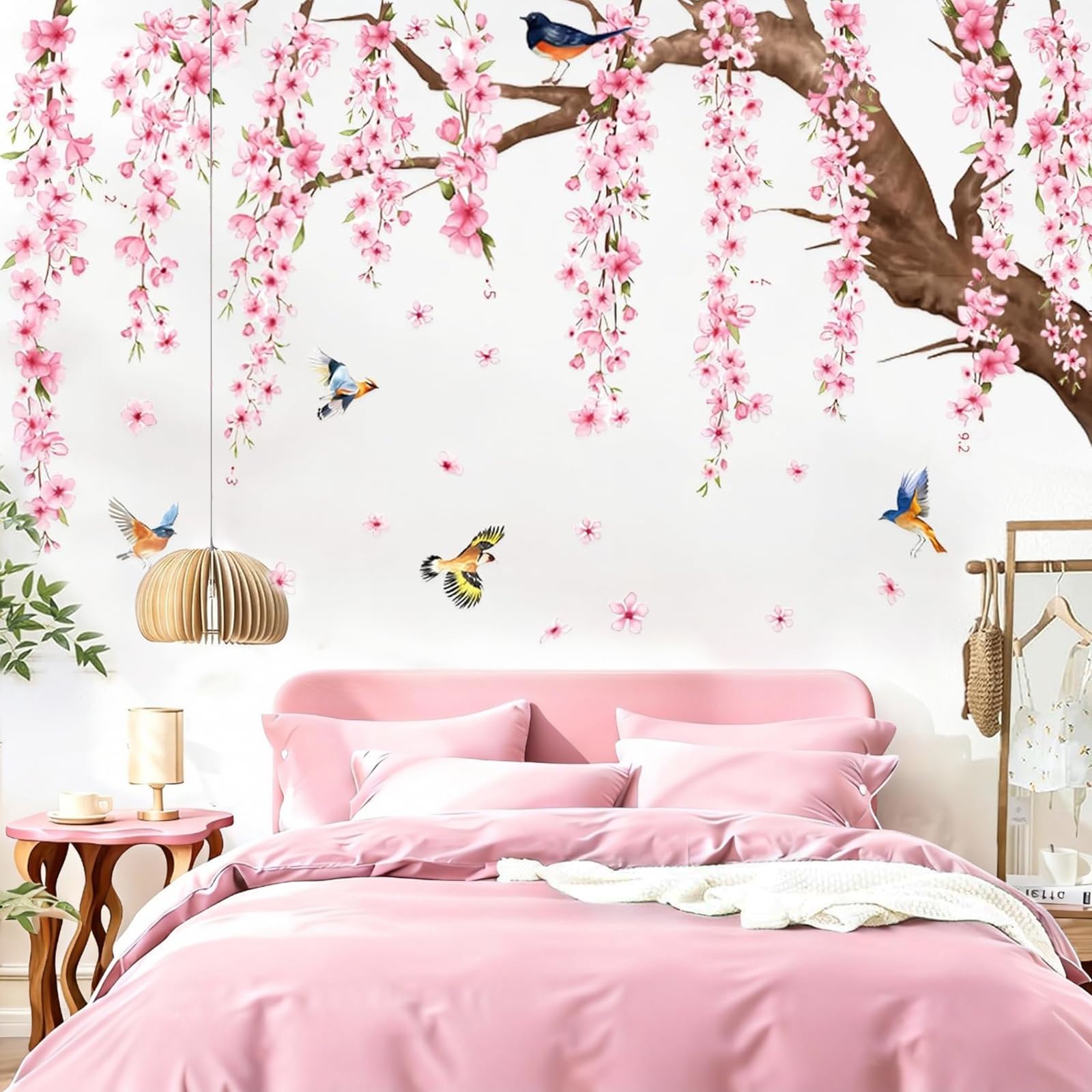 Uosiwya Pink Cherry Blossom Flower Wall Stickers, Vine Wall Decals Hanging Floral Birds Tree Branch Wall Sticker For Living Room Bedroom Office Decor