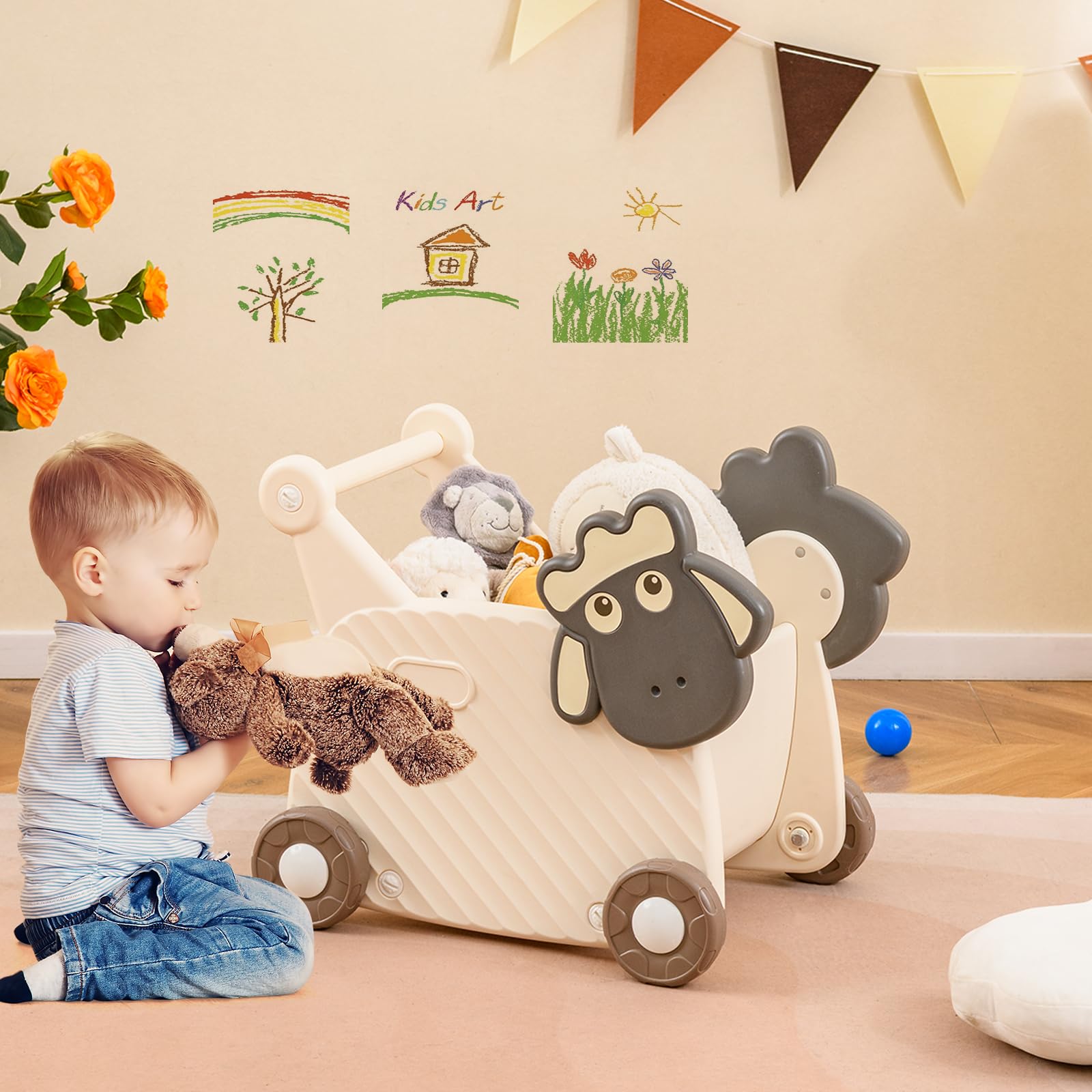 COSTWAY Andador para Bebés en Forma de Oveja, Carrito de Almacenamiento de 18L para Niños, Andador Infantil de 4 Ruedas para Desarrollo de Habilidades Motoras,Carrito de Empuje para Niños de 3+ Años