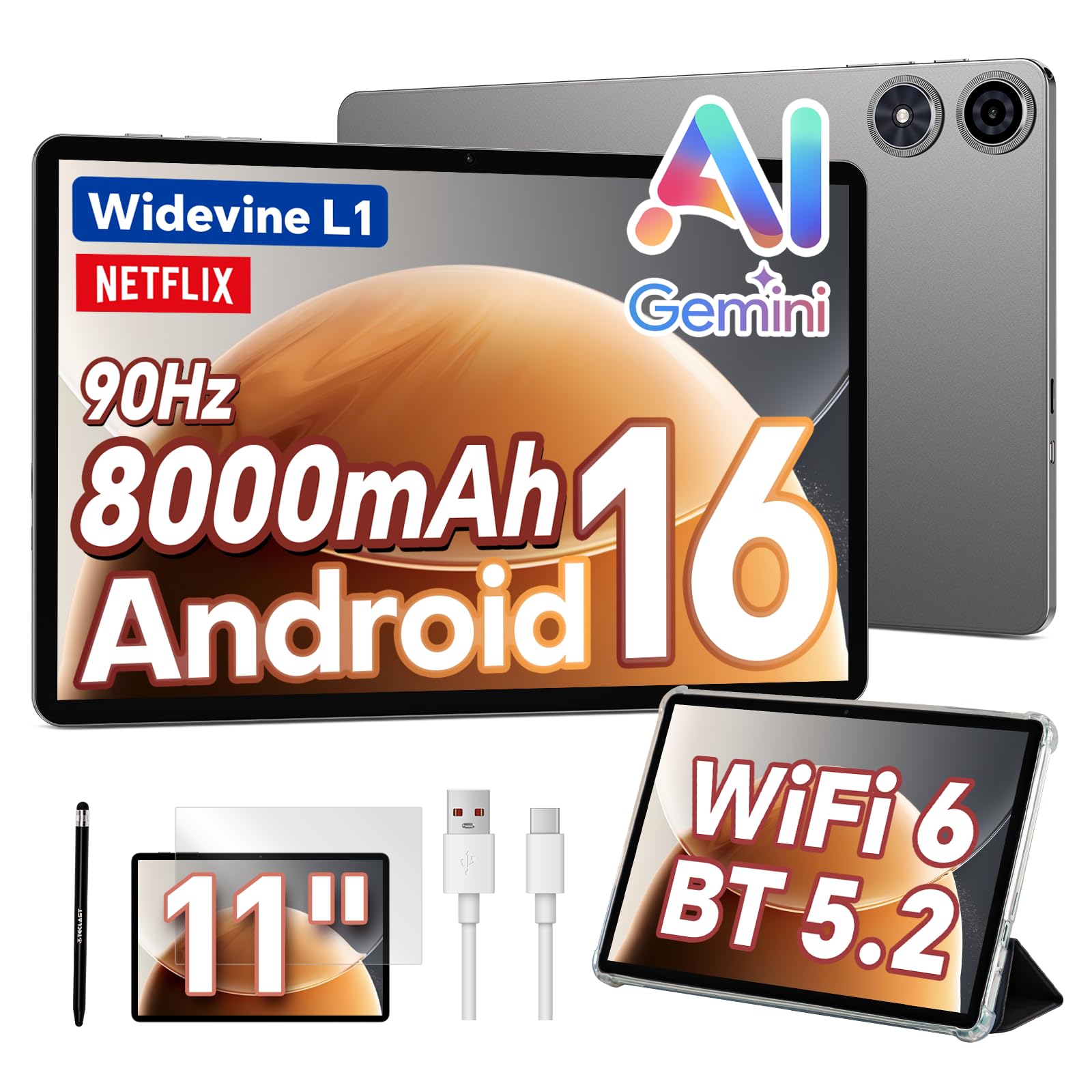 TECLAST P50T Tablet 11" 90Hz Android 16, 16GB+128GB+5TB 8000mAh BT5.2 WiFi6 | con Custodia+Penna/Gemini AI/13+5MP Camera/Widevine L1/2GHz Octa-Core/GPS/OTG