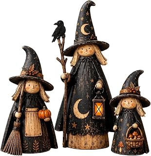 Halloween trädekor 3-delat set inomhus vintage rustik häxa skulptur | Halloween träbordsdekoration för fester semestersammankomster bokhylla entrébord kaffebar