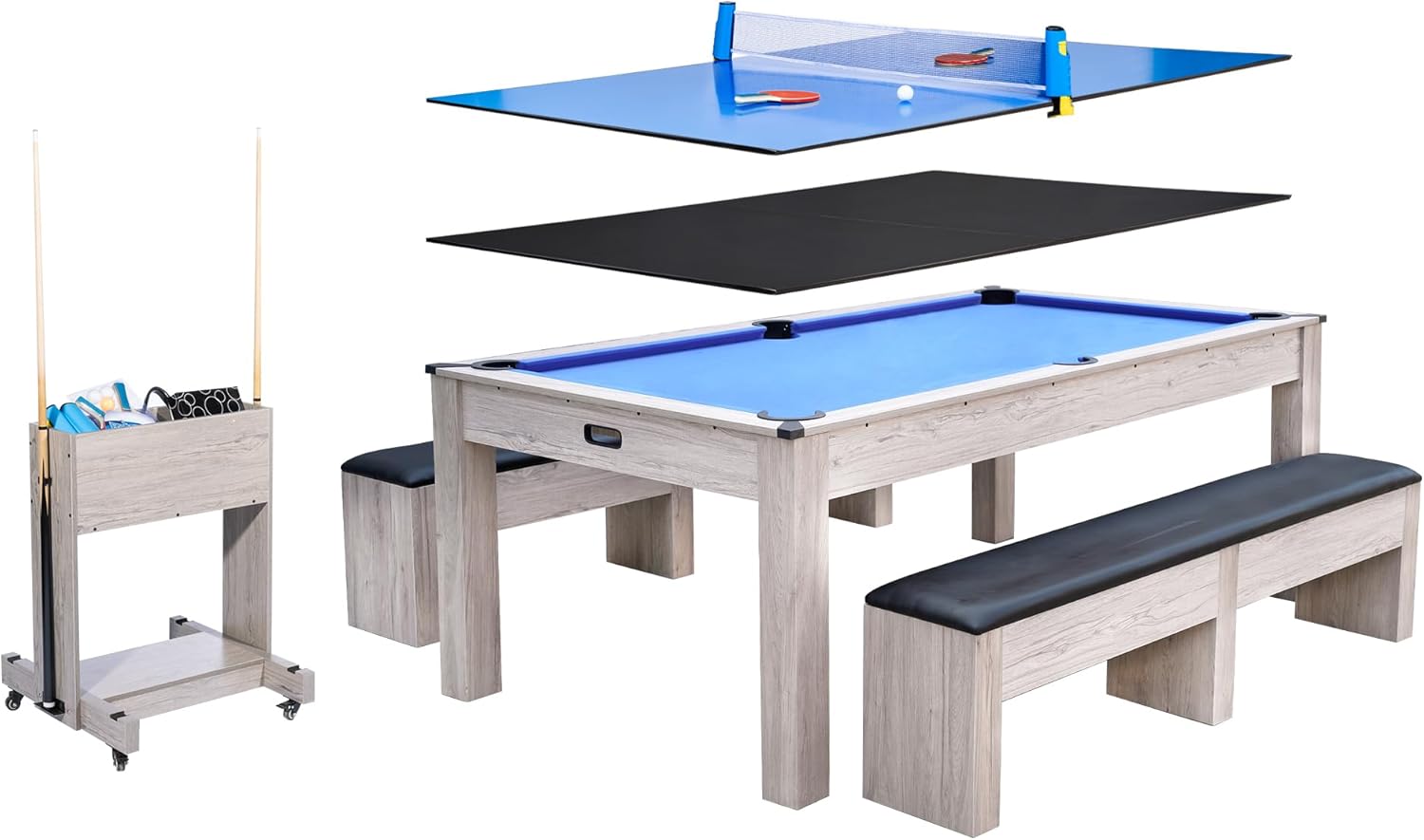 7FT 3-in-1 Pool Table - Convertible Billiard, Dining Table & Ping Pong | Includes Rolling Storage Cart, Cue Sticks, Balls, Table Tennis Set | Space-Saving Game Table for Home & Game Rooms