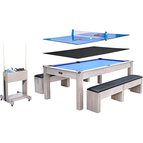 7FT Convertible Pool Table - 3-in-1 Billiard, Dining Table & Ping Pong | Includes Rolling Storage Cart, Cue Sticks, Balls, Table Tennis Set | Space-Saving Game Table for Home & Game Rooms