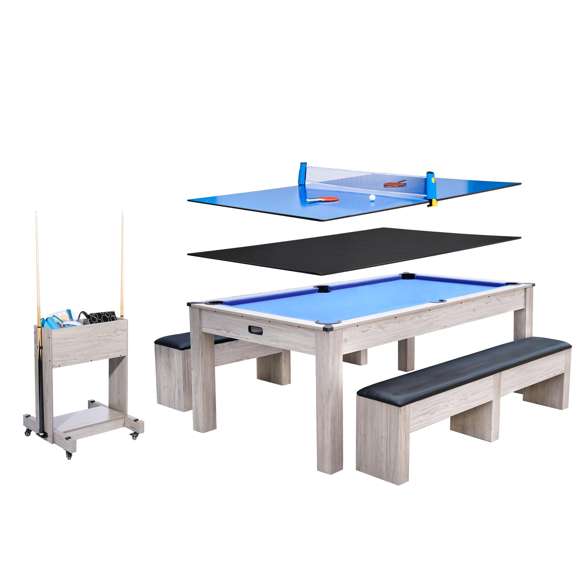 7FT 3-in-1 Pool Table - Convertible Billiard, Dining Table & Ping Pong | Includes Rolling Storage Cart, Cue Sticks, Balls, Table Tennis Set |