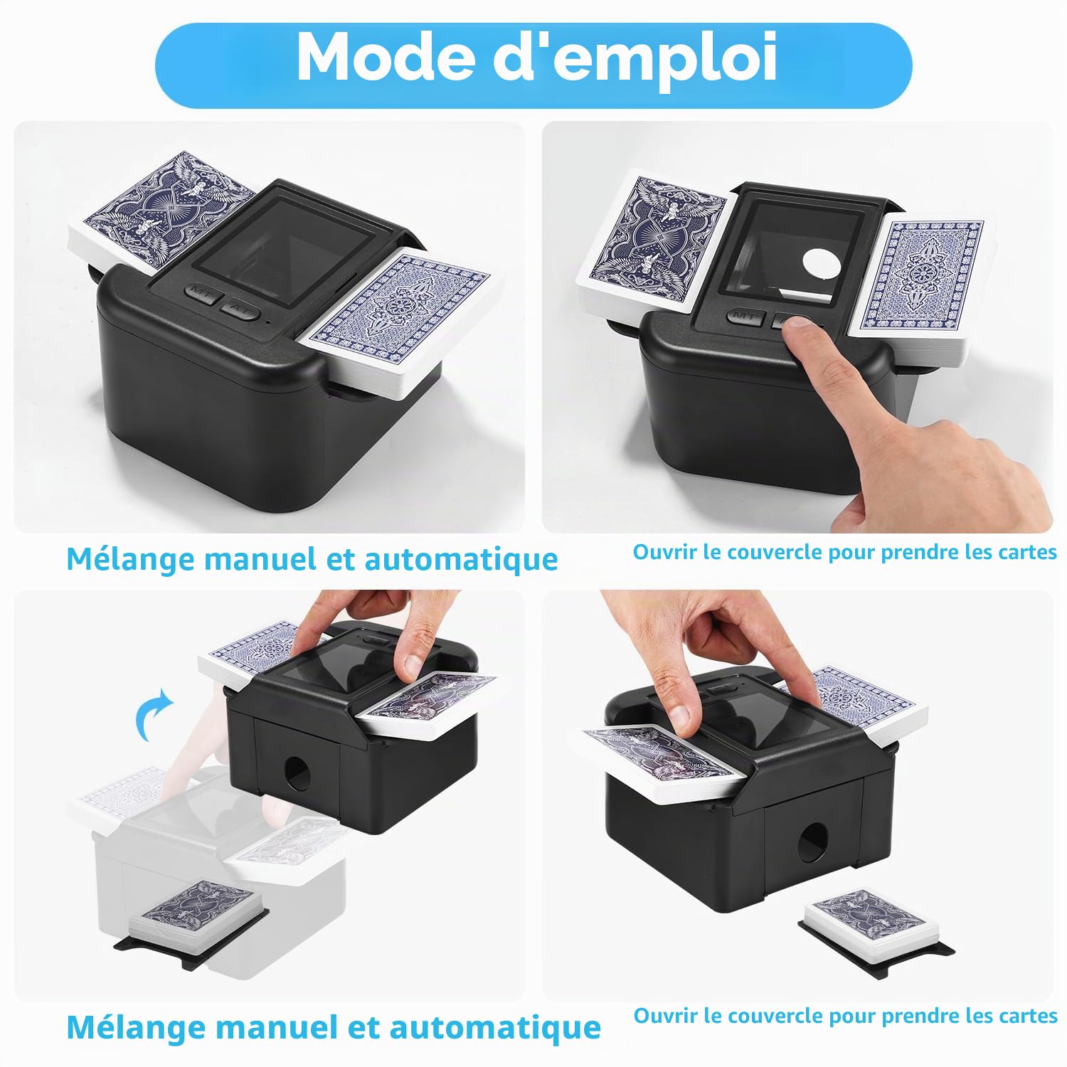 Mélangeur de cartes automatique silencieux et rechargeable pour 2 jeux de cartes 2000 mAh, pour UNO, poker, Texas Hold'em noir