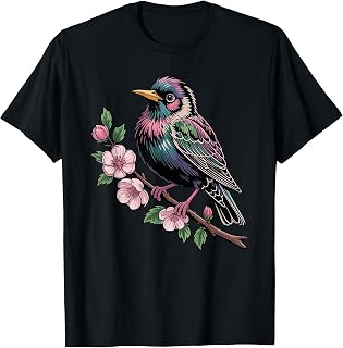 Common European Starling Bird Watching Lover Floral Blossom T-Shirt