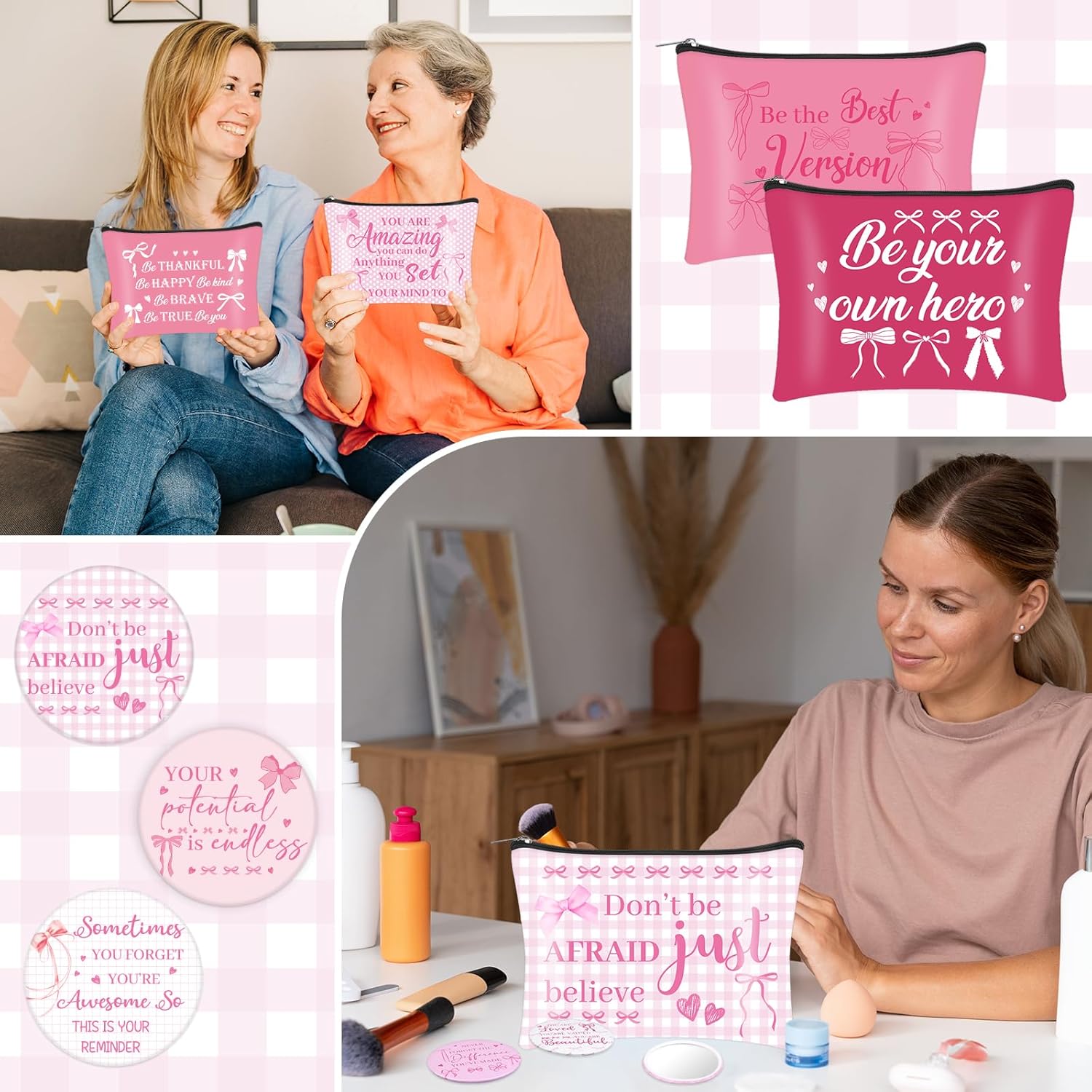 24 Sets Pink Bow Inspirational Makeup Bag with Compact Mirrors Bulk Canvas Cosmetic Bags Pink for Women Party Christmas Graduation