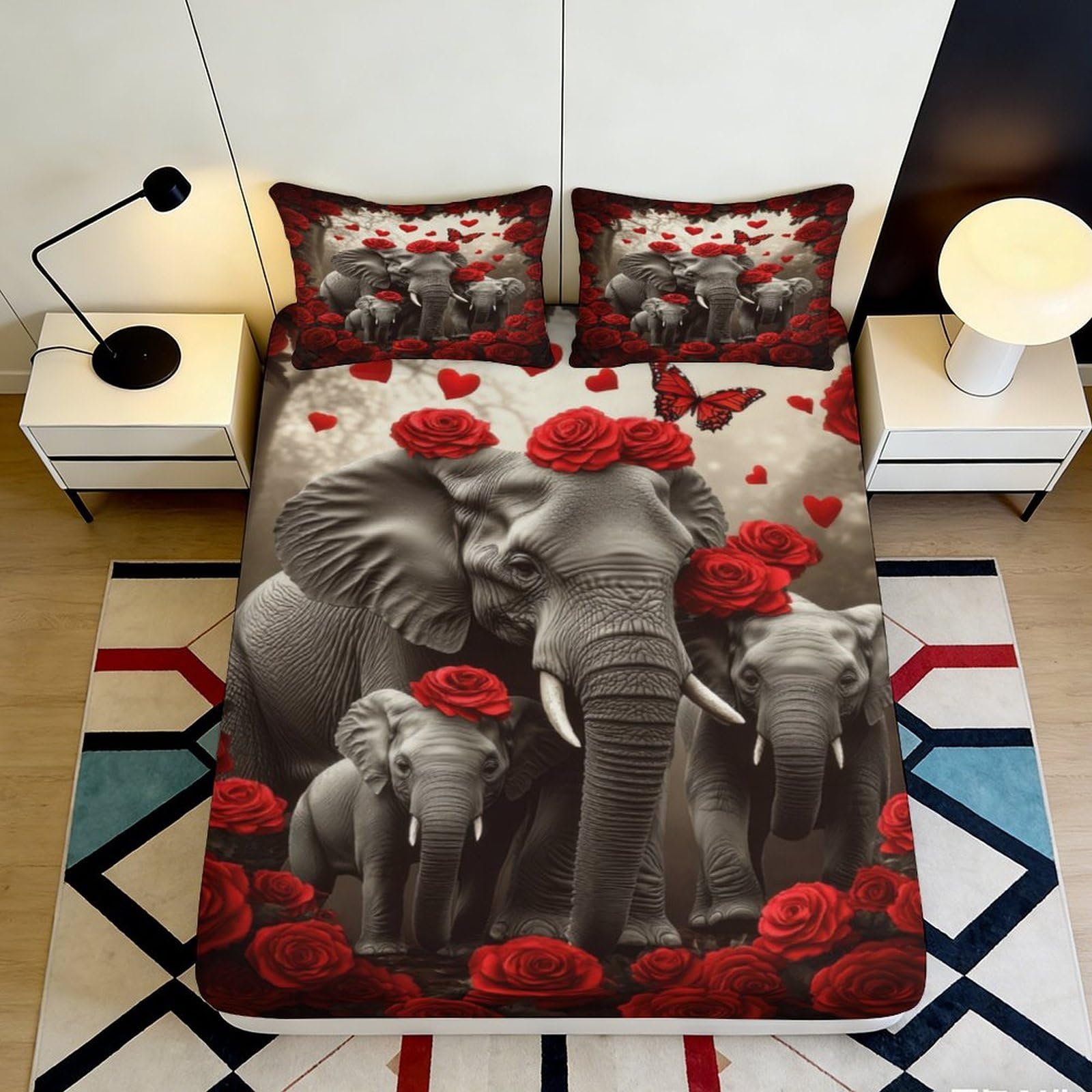 3D Printed Elephant Family Fitted Sheet Microfiber Black Red Rose Bed Cover Anti-Slip Machine Washable for Bedroom Living Room 90x200x25cm
