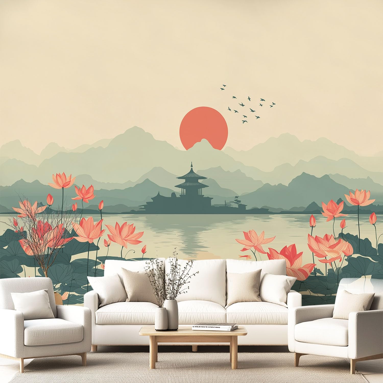 Papier peint intisse art oriental de qualité supérieure style fresque panoramique zen