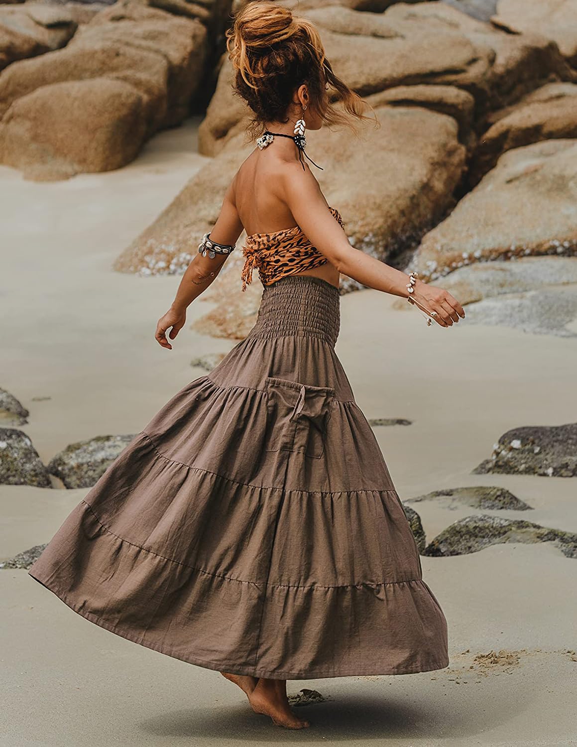 Donna Gonna Lunga da Spiaggia Bohémien Casual Estivo 2 in 1 Vestiti Elegant Gonna con Tasca