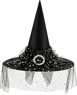 Halloween Witches Hats Foldable Lace Witch Hat for Decoration Witch Costume for Halloween Cosplay Party Veil Wizard Hat Halloween Costume Accessory（A258-1)