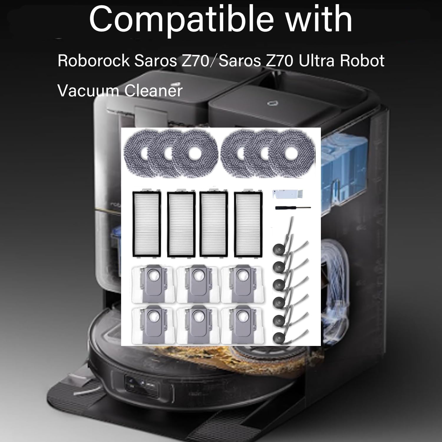 23 Packs Accessories Kit Compatible with Roborock Saros Z70/Saros Z70 Ultra Robot Vacuum Cleaner, Replacement Parts Include 6 Mop Clothes,4 Hepa Filters,6 Side Brush,6 Dust Bag