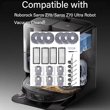 23 Packs Accessories Kit Compatible with Roborock Saros Z70/Saros Z70 Ultra Robot Vacuum Cleaner, Replacement Parts Include 6 Mop Clothes,4 Hepa Filters,6 Side Brush,6 Dust Bag
