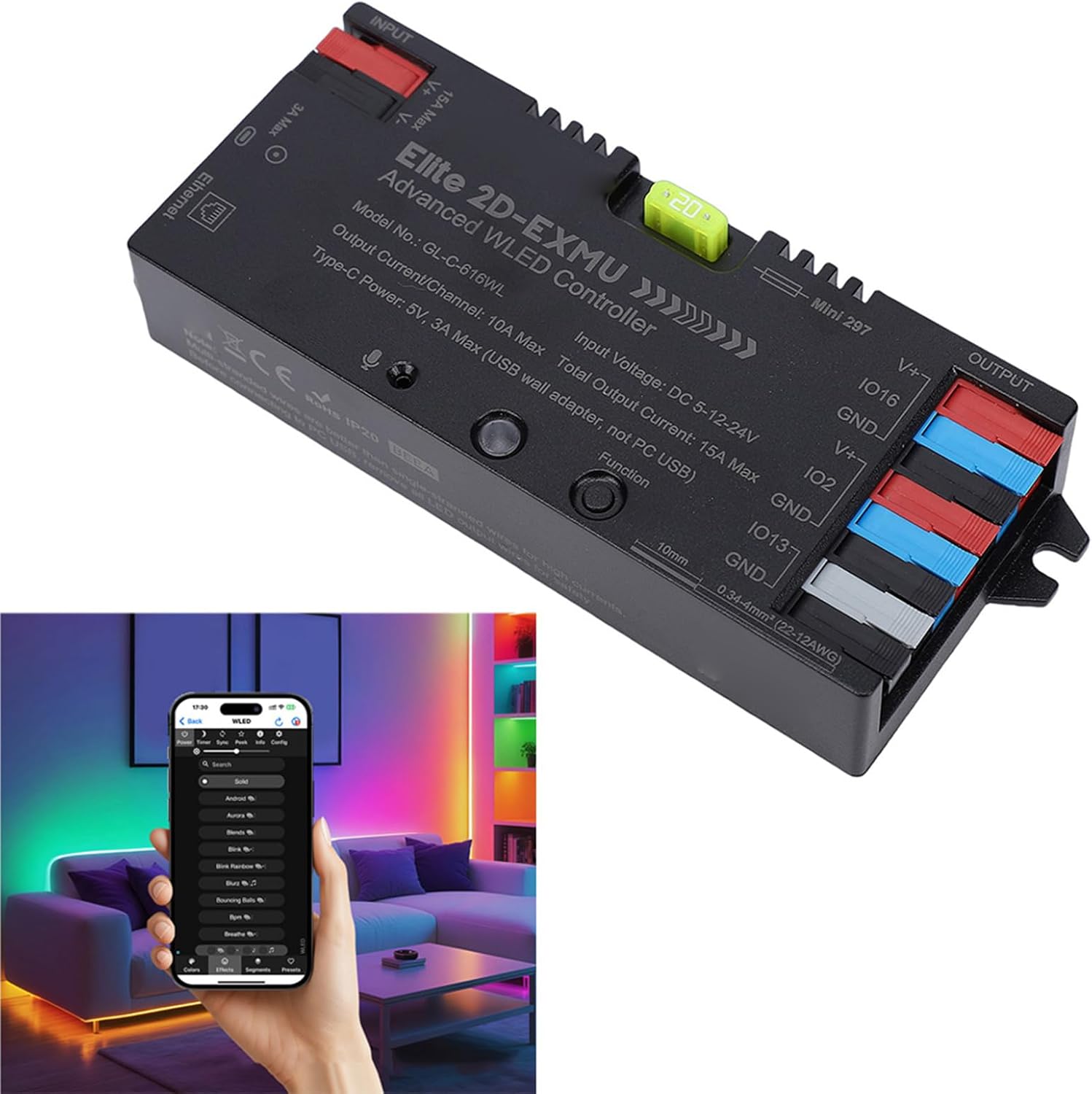 Fafeicy WLED Controller Advanced LED Strip Light Controller with Ethernet Music Sync Dynamic Effects for Home Theater Gaming Room PC Plastic 129x50x23mm