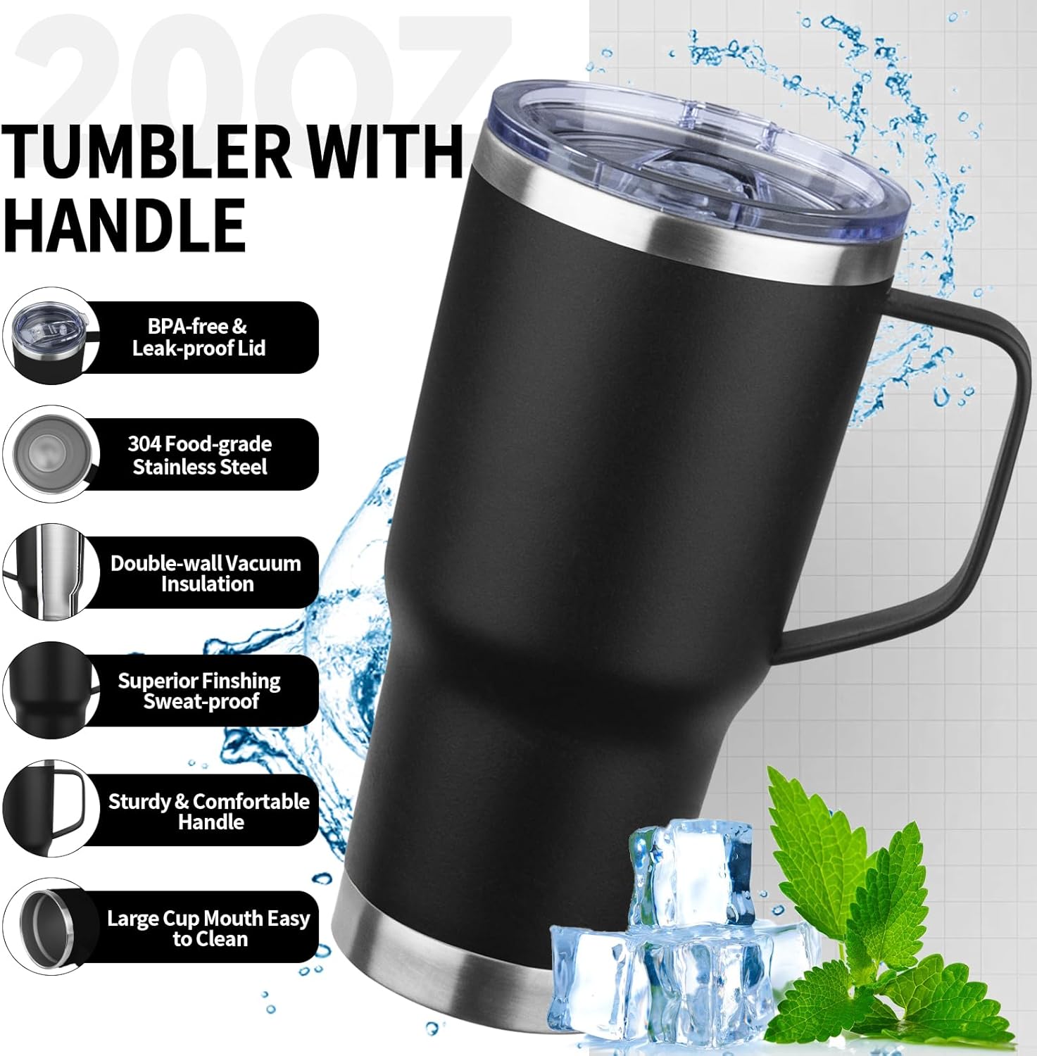 20oz Insulated Tumbler with Handle Stainless Steel Travel Coffee Mug with Lid and Straw Double Wall Vacuum Leak-proof Reusable Thermal Water Cup for Hot and Cold Drinks (Black,1 Pack) - Image 3