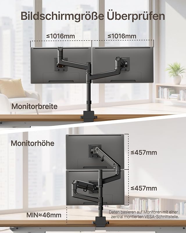 Suport monitor de birou monTEK pentru două ecrane cu port USB, negru