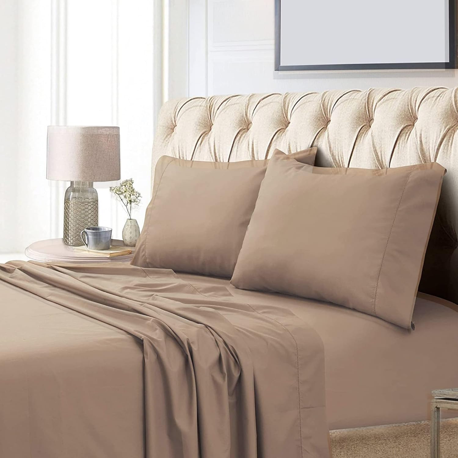 Tribeca Living Cal King Bed Sheet Set, Soft Egyptian Cotton Sateen Solid Sheets and Pillowcase Set, Extra Deep Pocket, 800 Thread Count, 4-Piece Luxury Bedding, Ivory