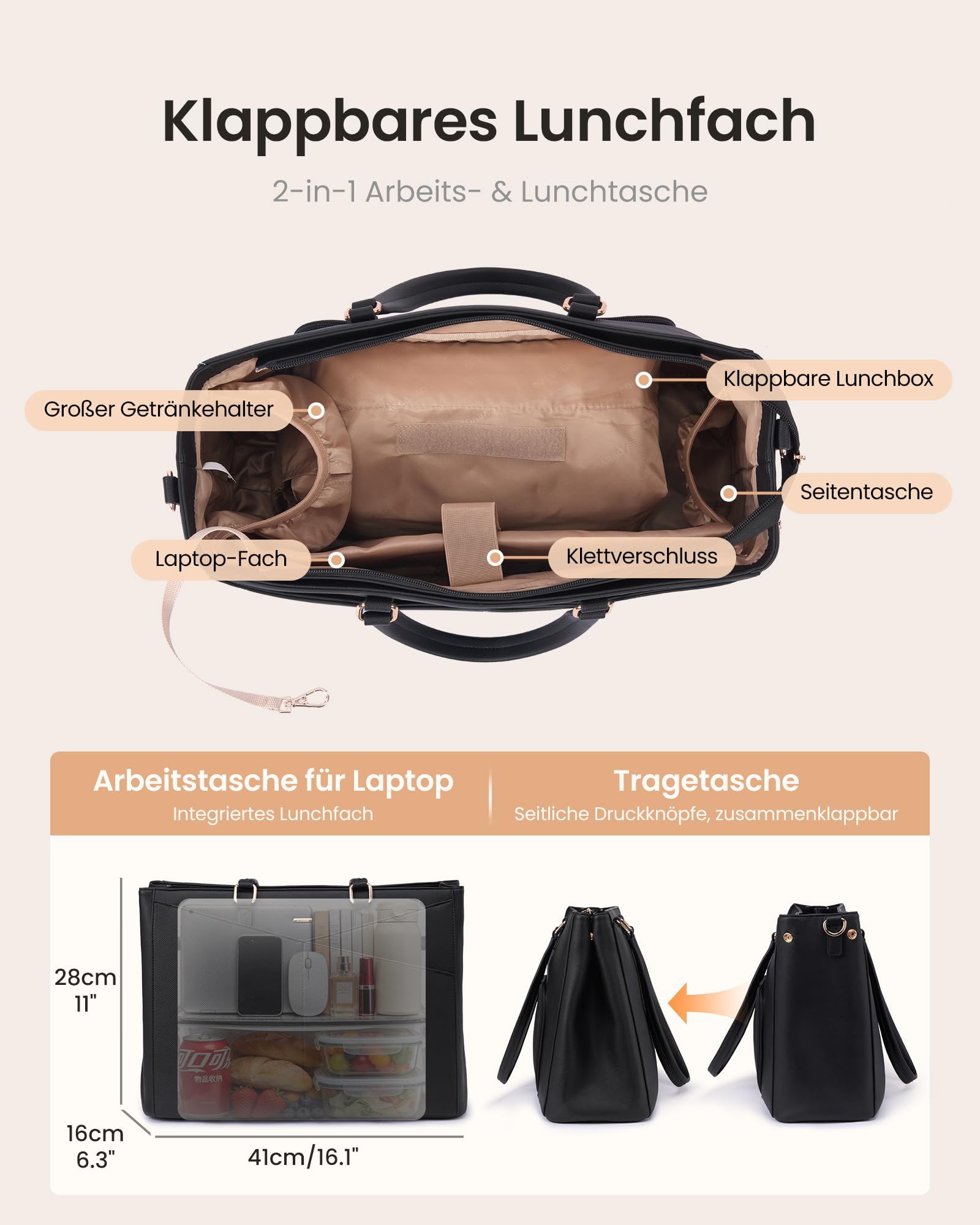 LOVEVOOK Laptoptasche Damen, Arbeitstasche mit Isoliertem Kühlfach Groß | 15,6 Zoll Laptop Handtasche Lunchtasche, Wasserdicht PU Leder Aktentasche, Lehrertasche Schultertasche für Business Büro Uni