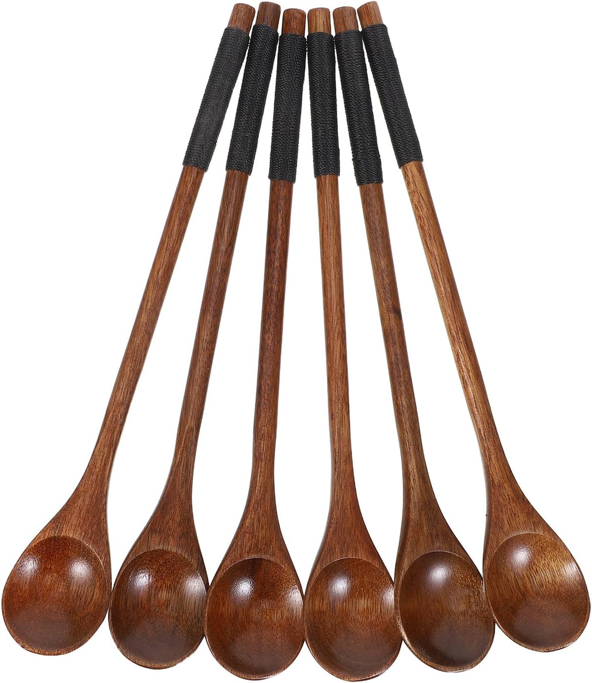 6pcs Wooden Long Handle Coffee Spoon 8 Inch Brown Wood Stirring Spoon | Japanese Style, Natural Finish, Sturdy Build, Easy to Clean, for Honey, Tea, Jam, Cocktail, Ramen, Soup