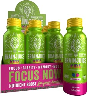 BrainJuice Kids Brain & Immune Support Shot, Gluten Free Supplement Shots for Energy, Focus, Immunity with Vitamin D, C, B, Alpha GPC & Organic Ginger Root, Ages 5+, Dragon Berry, 2.5 fl oz, 12 Pack