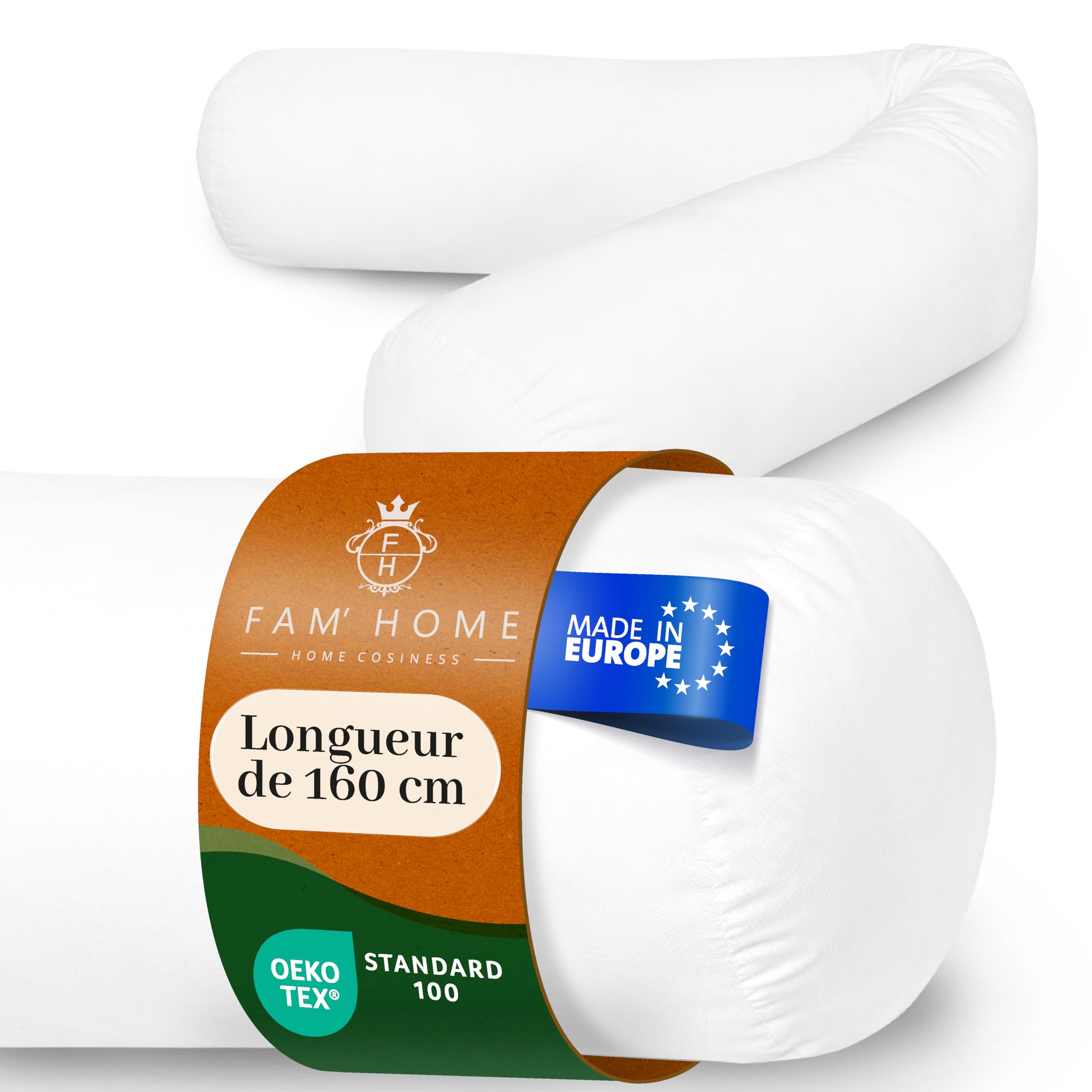 FAM Home Traversin 160 cm 1 pcs - Oreiller Traversin 21 x 160 - Polochon 160 cm pour 2 Personnes Orthopédique Respirant Lavable Fibres Creuses en Polyester Recyclé qualité hôtelière Douce