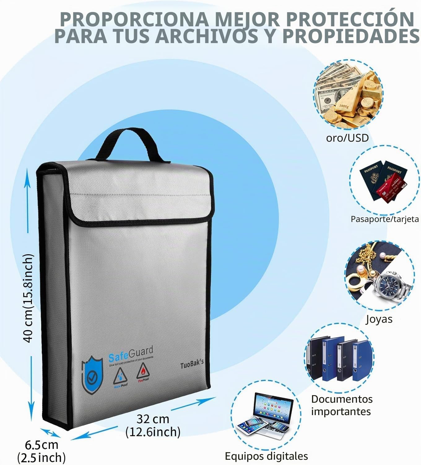 TuoBak's Bolsa ignífuga para documentos, gran capacidad, con revestimiento de silicona sólida, soporte ignífugo para documentos de 15.8 x 12.6 x 3.1 pulgadas con cierre de cremallera para documentos y