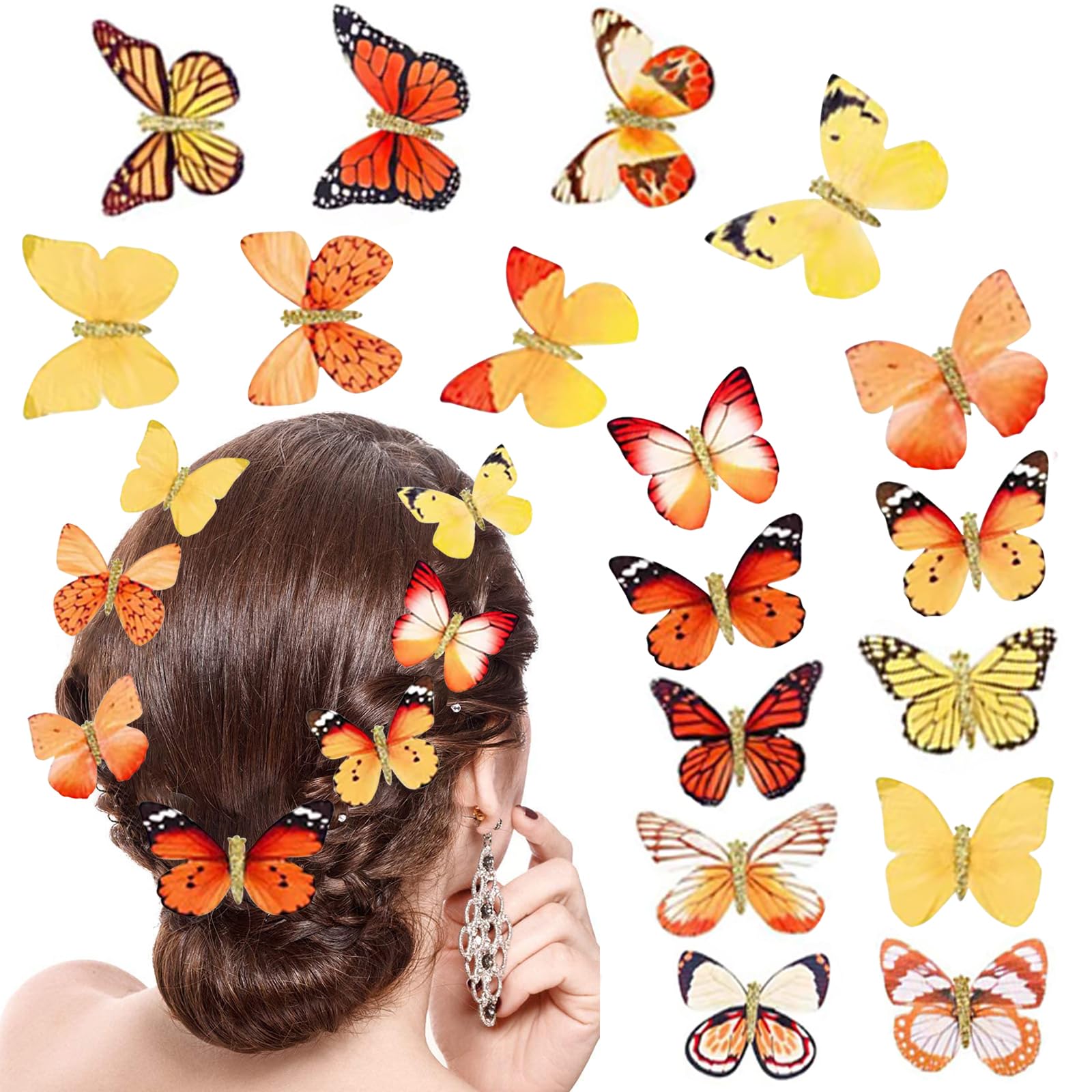Photo 1 of 18Pcs Rhinestone Hair Clips with Glitter for Teens Women Y2K Butterfly Jaw Clips, Cute Headwear Gifts for Wedding Back School Hair Accessory Orange